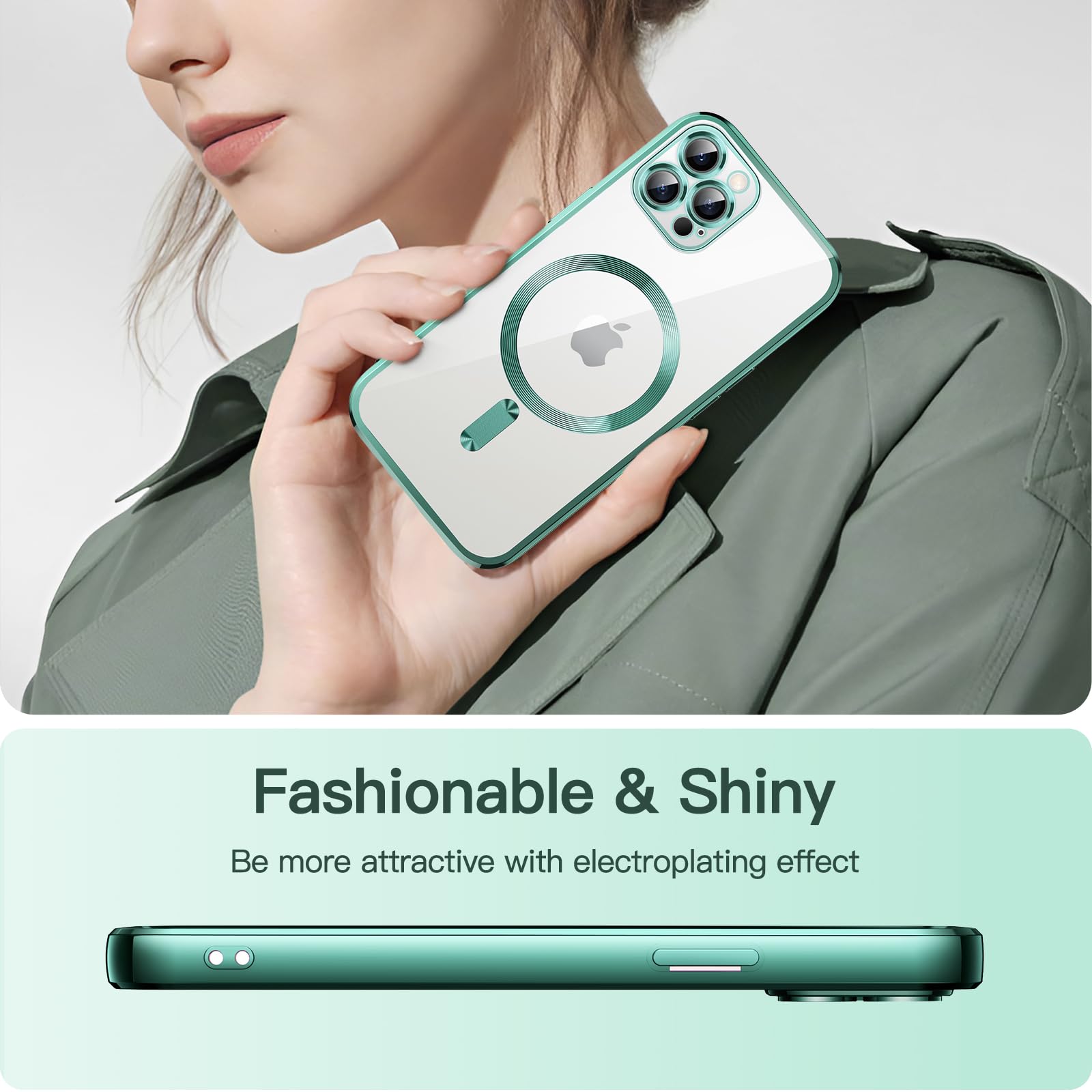 JETech Soft Clear Case for iPhone 12 Pro 6.1-Inch - MagSafe Compatible, Shockproof TPU Cover with Full Camera Protection (Deep Green) | Slim Protective Phone Case for Everyday Use, Wireless Charging & Drop Protection