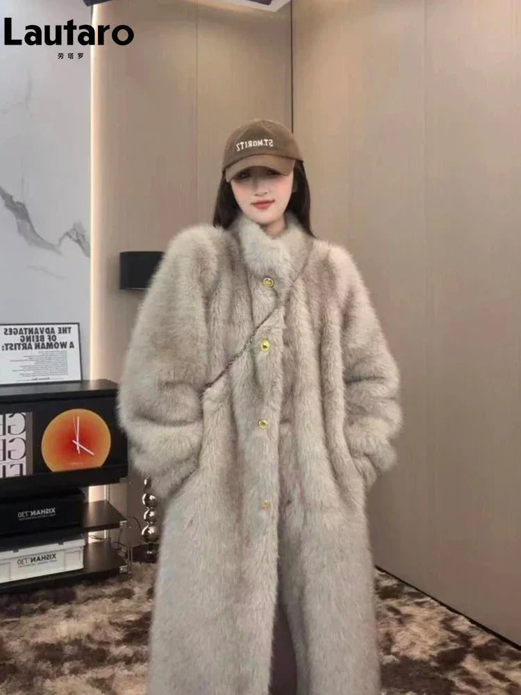 Luxury Women's Faux Fox Fur Coat - Warm Thick Fluffy Jacket with Stand Collar for Autumn Winter 2024 | Elegant Outerwear for Cold Weather, Parties & Fashion Outfits