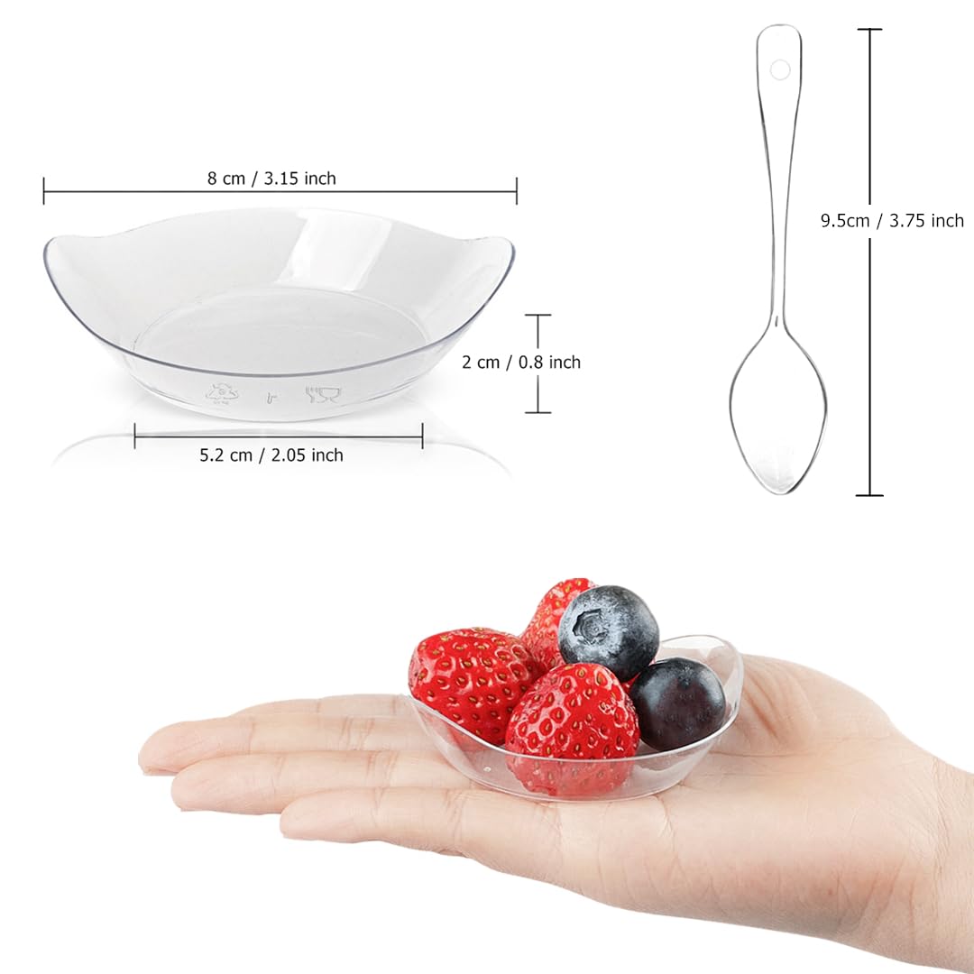 TOFLEN 100-Pack Mini Dessert Plates with Tasting Spoons - 3.1 x 2.6 Inch Small Clear Plastic Appetizer Plates - Reusable Leaf-Shaped Hors D'oeuvres Serving Dishes for Parties, Weddings, and Catering Events