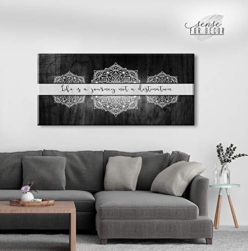 Boho Life Is A Journey Sign - Large Bohemian Floral Canvas Wall Art for Bedroom Decor | Modern Framed Poster in Grey Black (42x19) | Perfect for Living Room, Nursery & Office Wall Decor