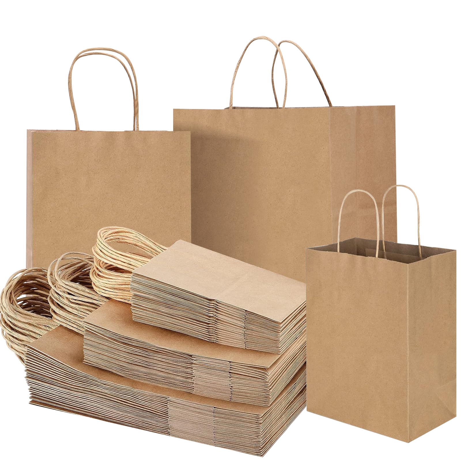 130 Pcs Brown Kraft Paper Bags with Handles - Bulk Assorted Sizes for Retail, Takeout, Bakery & Party Favors | Durable Shopping & Gift Bags for Small Business, Hospitality & Merchandise | Perfect for Eco-Friendly Packaging, Wedding Favors & Store Displays