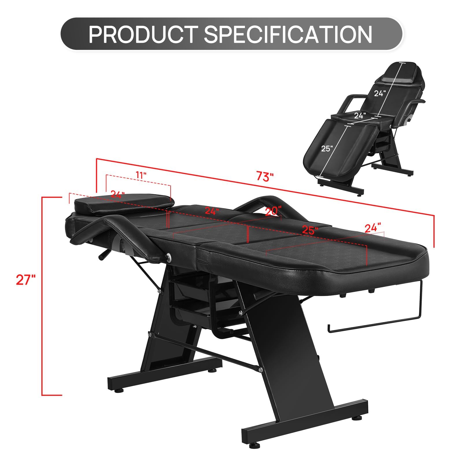 Professional Facial Tattoo Chair - Adjustable Beauty Salon Chair with Removable Headrest & Stool for Eyebrow Microblading, Lash Extensions & Spa Treatments - Black