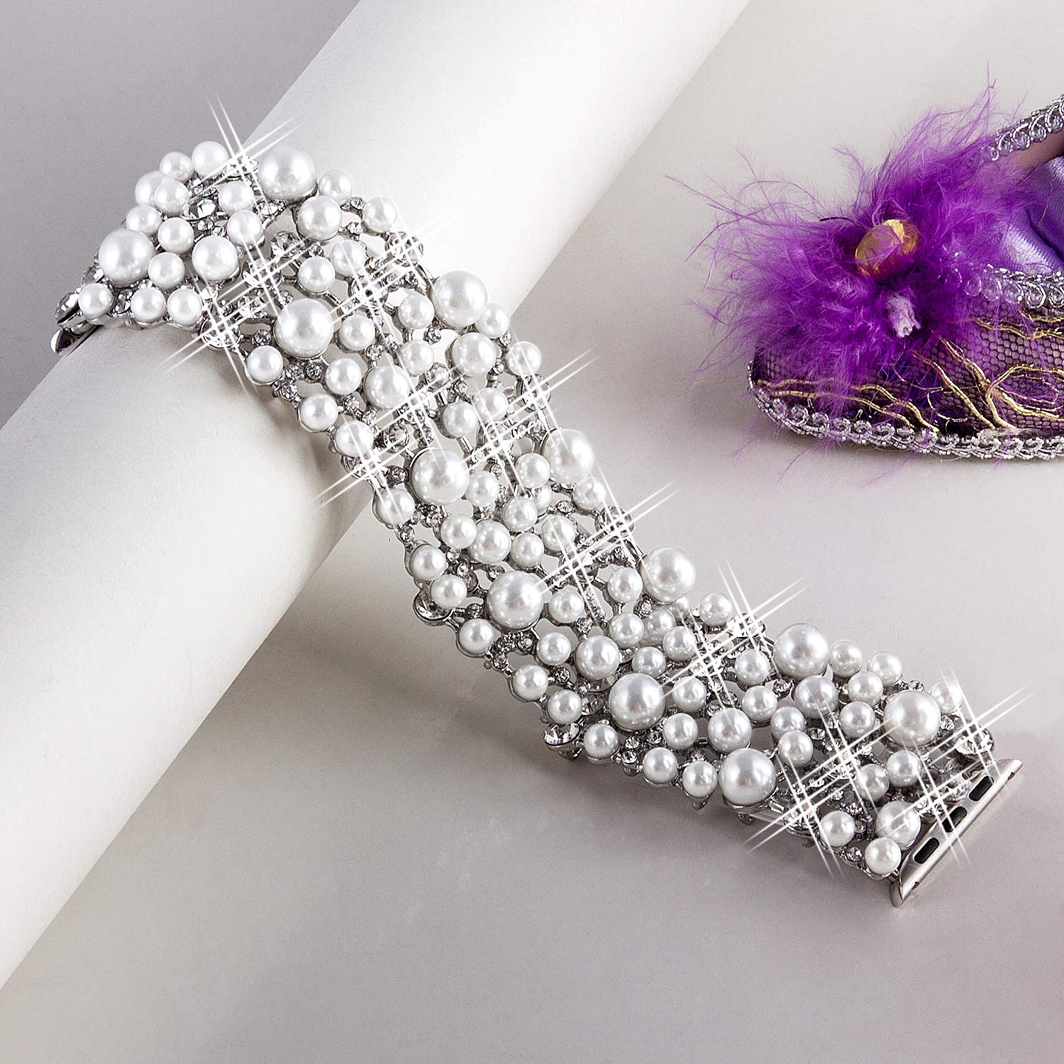 VIQIV Bling Bands Compatible with Apple Watch 38mm 40mm 41mm 42mm 44mm 45mm 49mm - Diamond Rhinestone Metal Pearl Bracelet Strap for Women - Perfect for Parties, Weddings, and Special Occasions
