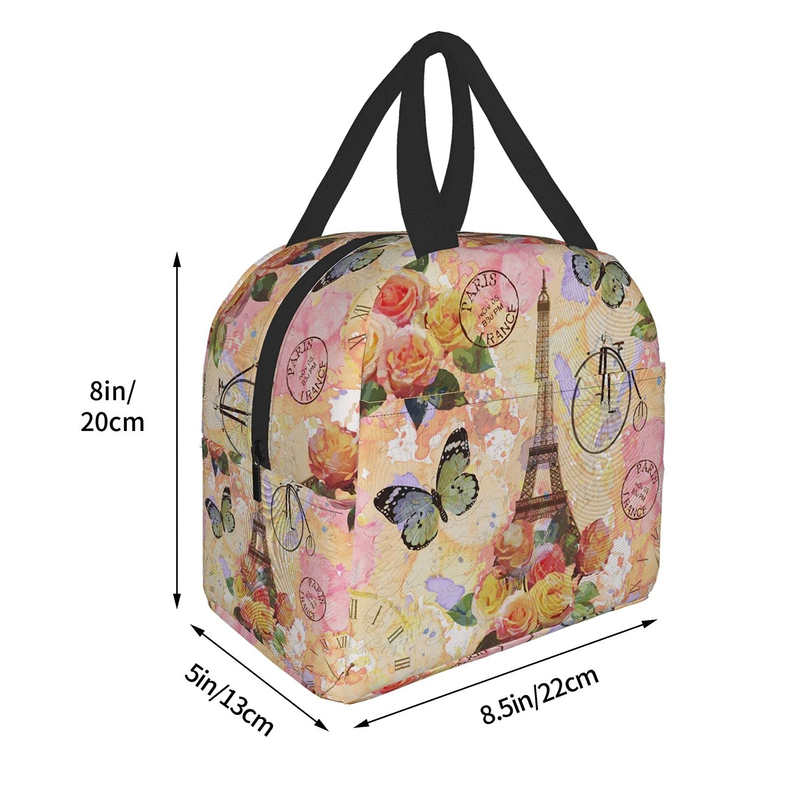 Paris Eiffel Tower Butterfly Floral Print Insulated Lunch Bag - Reusable Tote for Women & Men, School, Office, Work, Picnic & Travel
