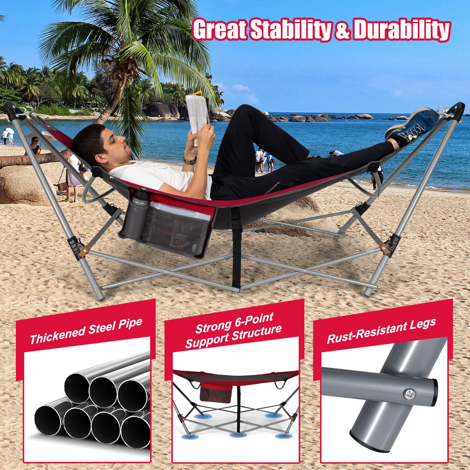 Giantex Portable Folding Hammock with Stand - Heavy Duty Camping Bed for Indoor & Outdoor Use, Patio, Yard, Beach - Includes Side Pocket & Anti-Tip Buckles, Sturdy Iron Frame (Red) - Perfect for Relaxing, Lounging, Camping Trips and Backyard Getaways