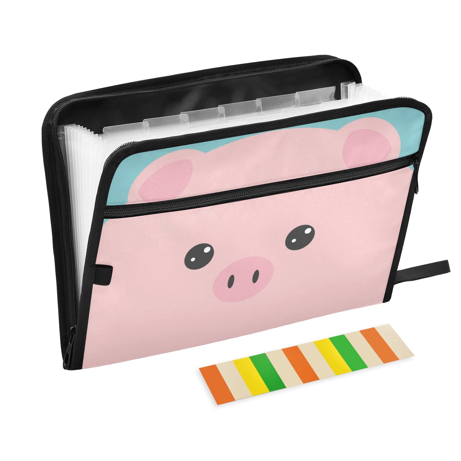 KFBE Pink Pig Expanding File Folder with Sticky Labels - 13 Pocket Accordion Organizer for Letter & A4 Paper - Zippered Document Holder for Office, School, Home Organization (20811413)