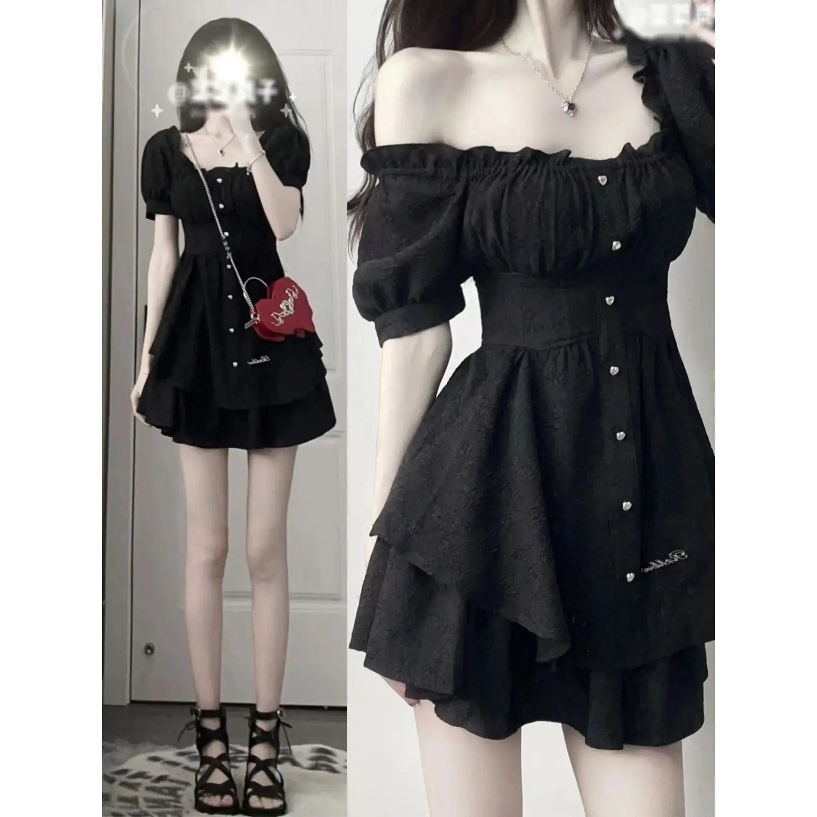 Black Mini Gothic Dress with Puff Sleeves & Square Collar | Korean Fashion Party Dress | Summer Sundress for Women | Perfect for Night Out, Date Night & Special Occasions