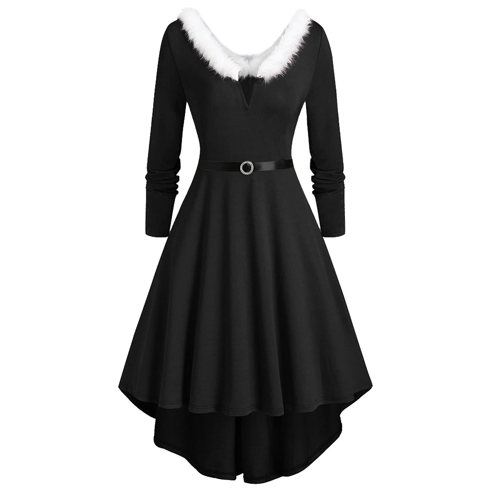 Aniywn Women's Christmas Party Dress - Furry V-Neck Long Sleeve Flared Swing Midi Dress for Holiday Celebrations, Xmas Gatherings & Festive Occasions