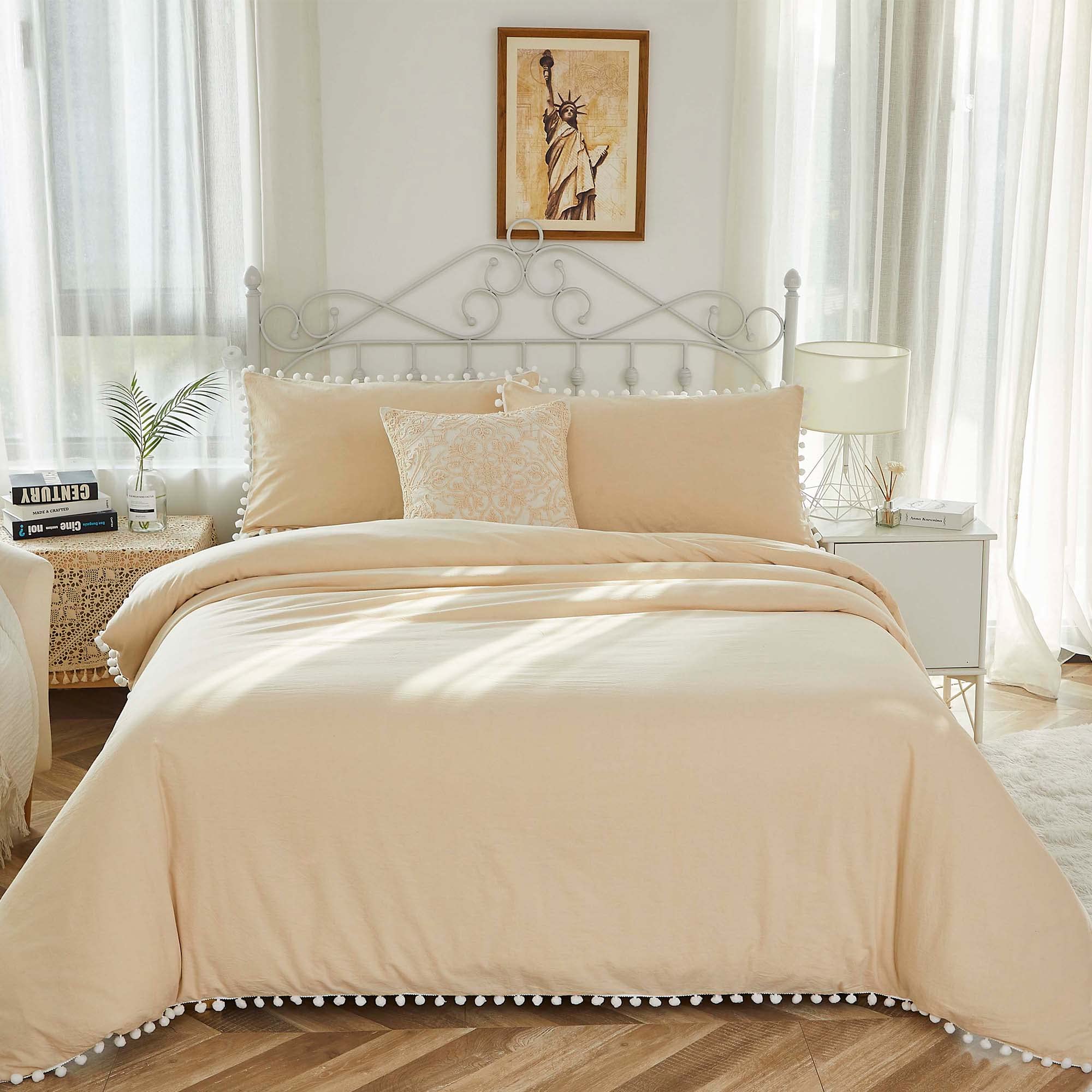 Softta Boho Bedding Queen Set - Vintage Beige Pom Fringe Duvet Cover 3 Piece, 100% Washed Cotton Bohemian Quilt Cover for Girls & Teens | Perfect for Cozy Bedrooms, Boho Chic Decor & Nursery Design