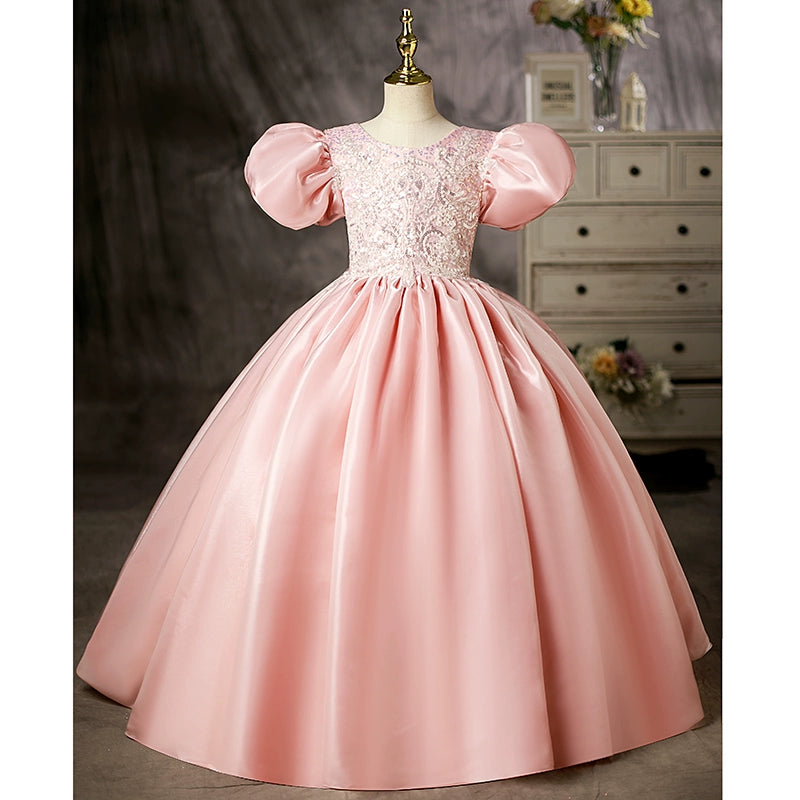 Pink Princess Scoop Floor-Length Satin Flower Girl Dress for Weddings, Pageants & Special Occasions