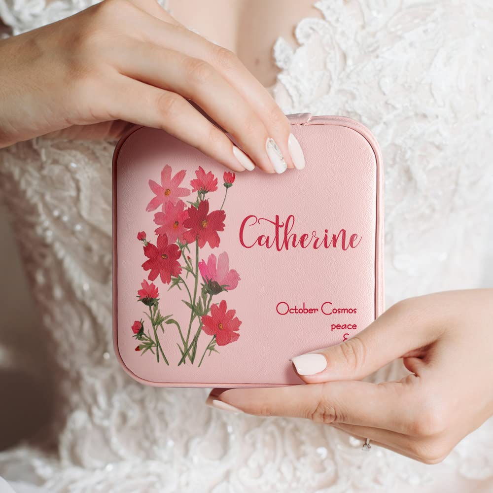 Personalized Leather Jewelry Box for Women - Engraved Name & Birth Flower Travel Jewelry Organizer, Bridesmaid Gift, Mom Birthday Gift - Elegant White Jewelry Storage Case (Perfect for Travel, Bridal Shower, Mother's Day & Special Occasions)