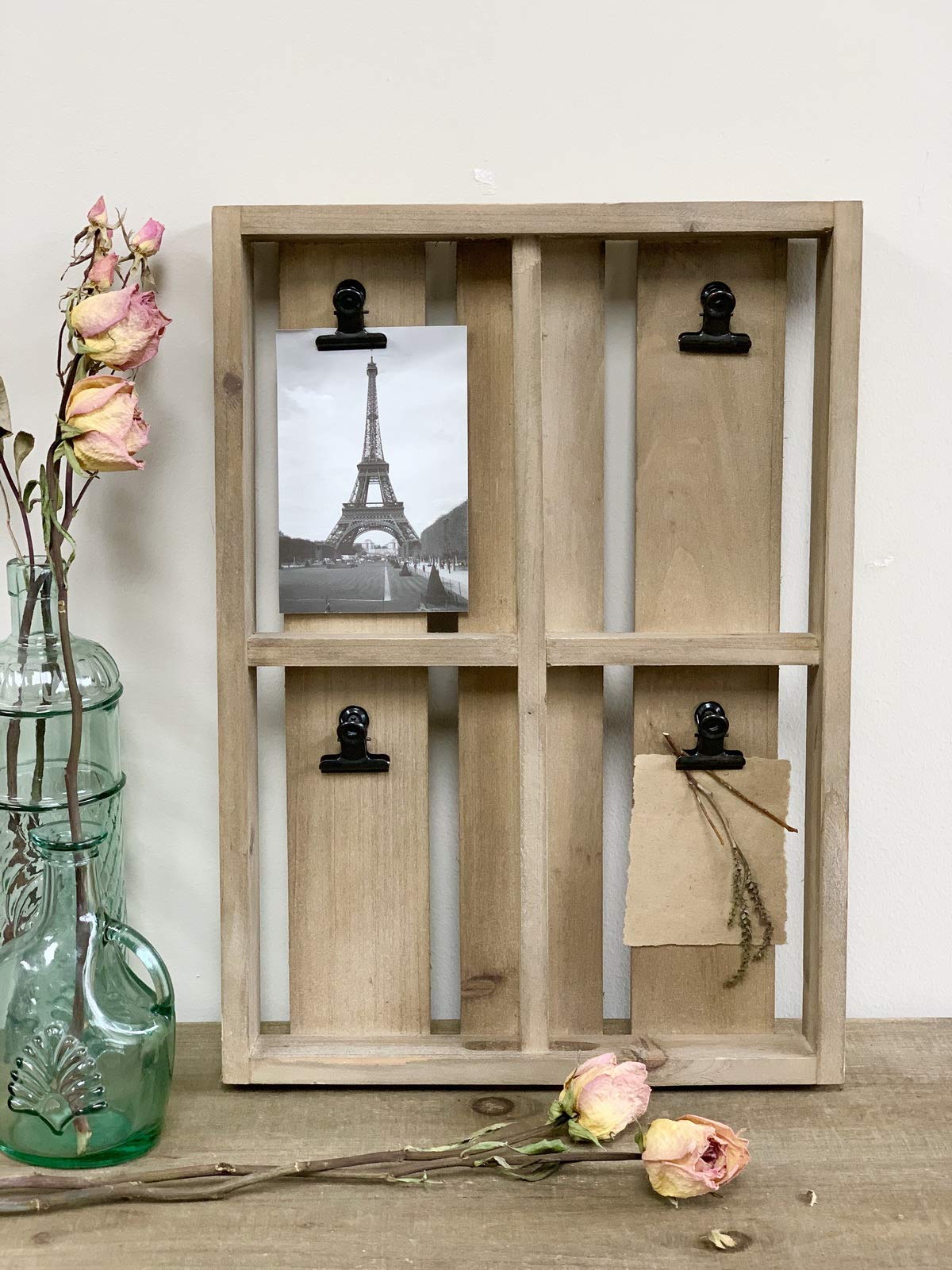 PARISLOFT Wooden Wall Picture Frames Set - 4 Metal Photo Clips for 4x6 Photos, Modern Sculptural Photo Holder with 4 Openings | Perfect for Family Photos, Home Decor, Living Room & Bedroom Wall Art Display