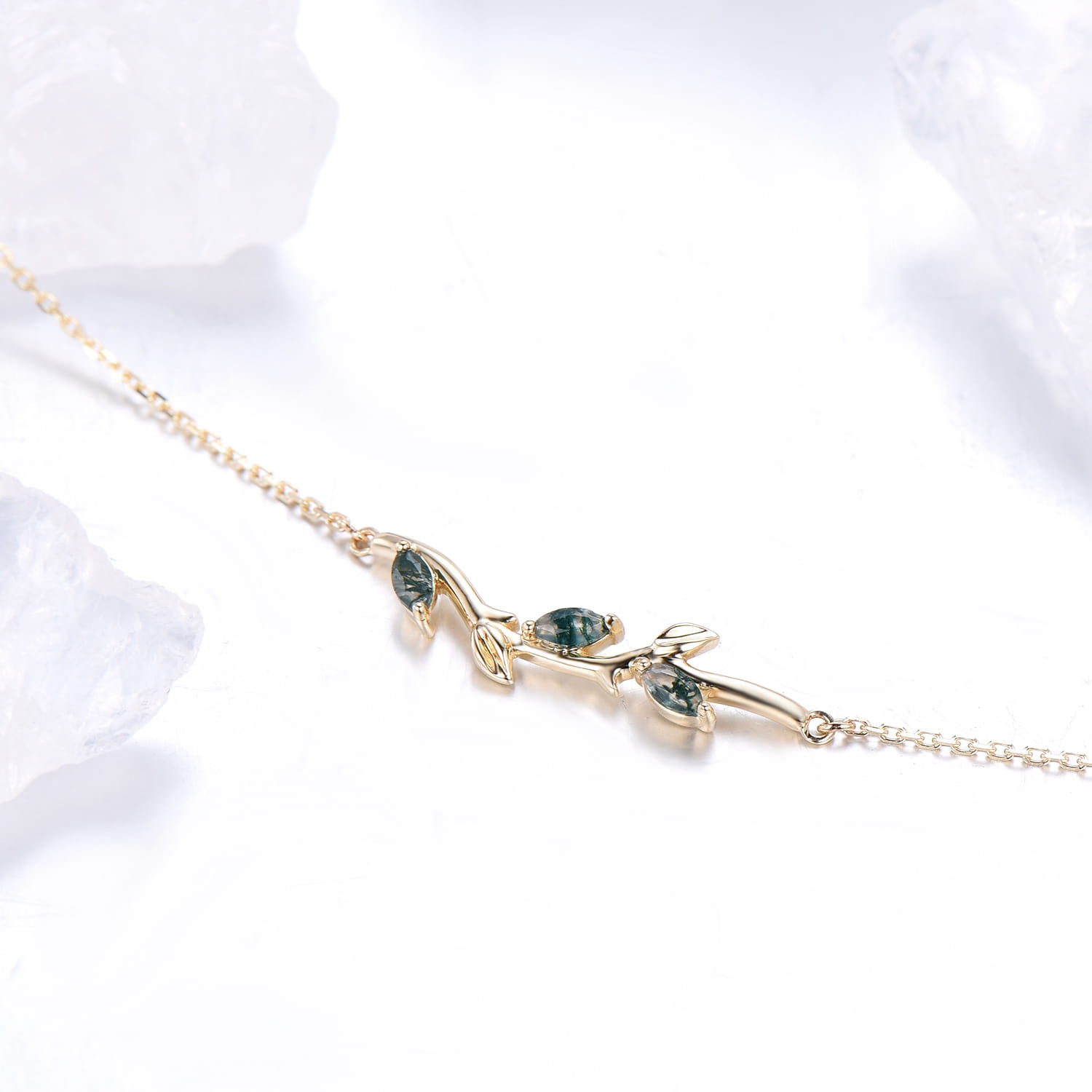 Elegant Marquise Cut Moss Agate Bracelet with Leaf Vine Design - Green Crystal Nature-Inspired Stackable Bracelet for Women | Perfect Anniversary Gift, Boho Jewelry for Everyday Wear & Special Occasions
