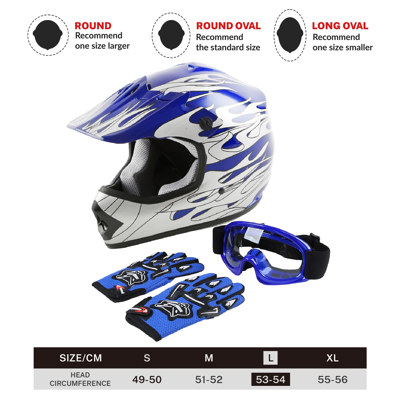 SLMOTO Youth ATV Helmet Blue Flame - DOT Certified Motocross & Offroad Motorcycle Helmet for Kids - Dirt Bike, ATV, Street Riding - Includes Goggles & Gloves (Large) - Perfect for Trail Riding, Motocross Racing & Outdoor Adventures