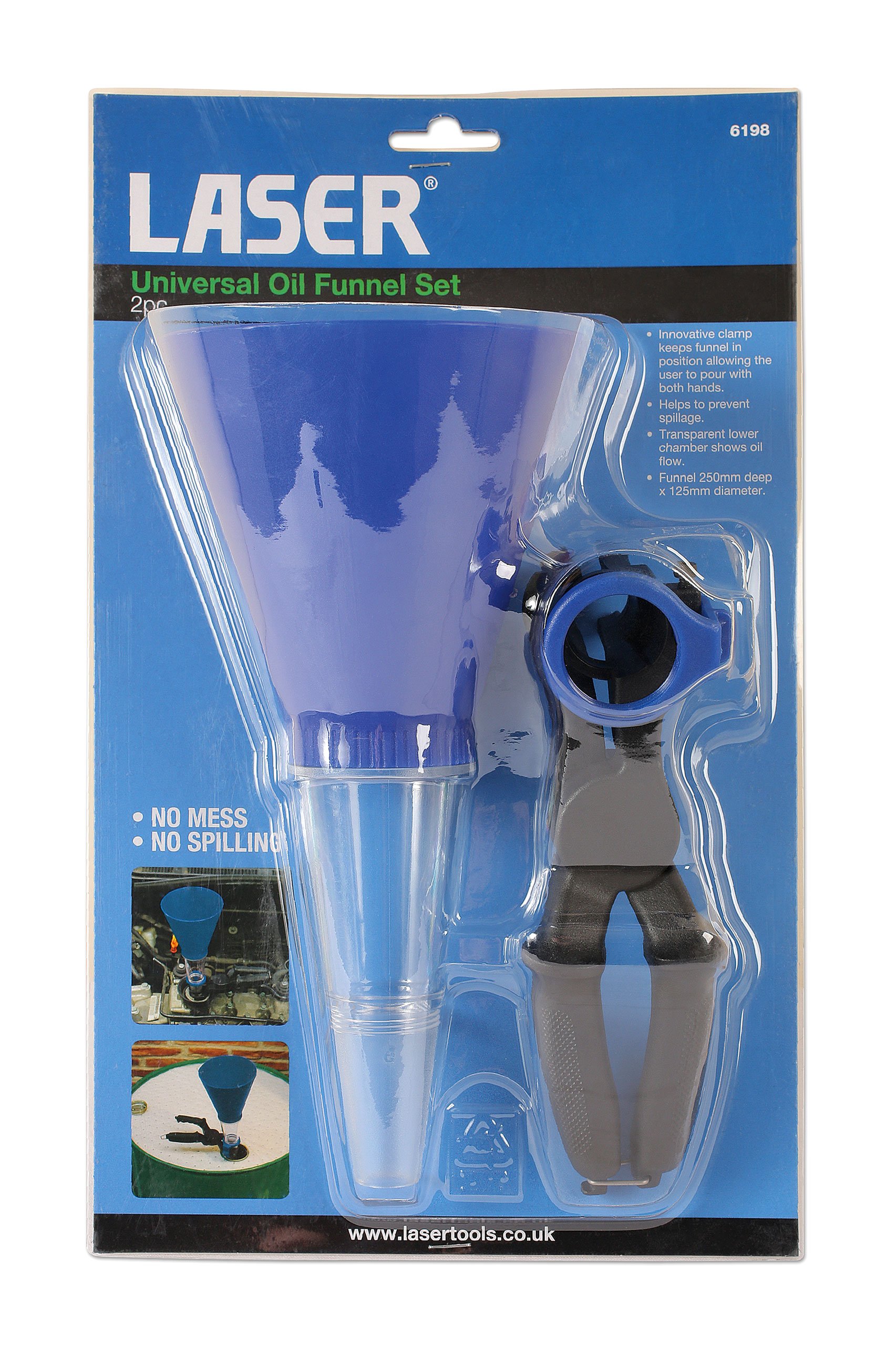 Laser 6198 Universal Oil Funnel Set - 2 Piece Car Engine Fluid Filler Kit for Motorcycle, ATV, Lawn Mower & Automotive Maintenance - Durable Plastic Oil Change Accessories