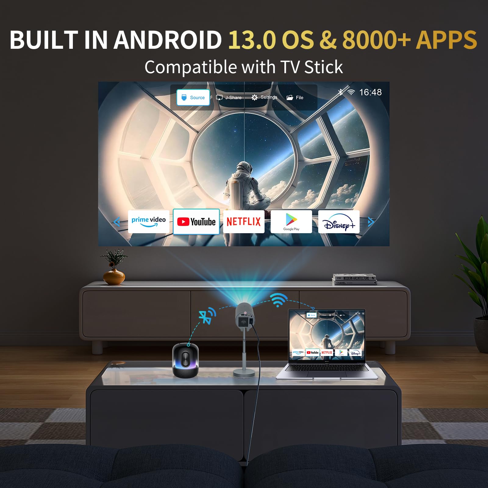 Mini Portable Projector with WiFi & Bluetooth - 1080P 550 ANSI Smart Projector with Built-in Apps, 15