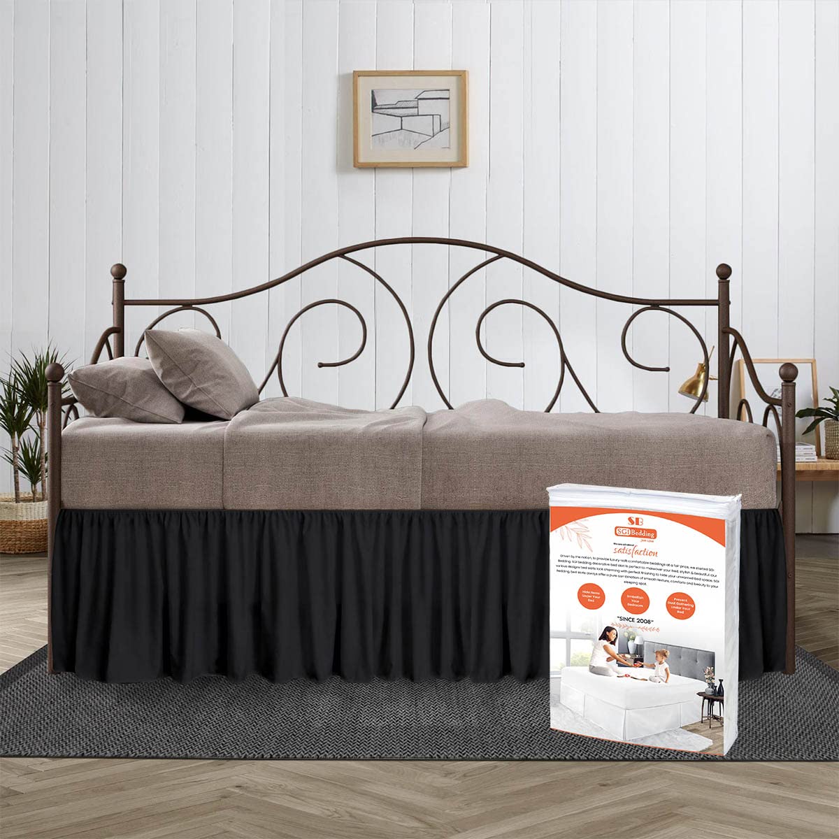 14 Inch Drop Full Size Black Solid Day Bed Skirt - Stylish Ruffled Split Corner Design - Easy Fit & Care - Wrinkle & Fade Resistant Microfiber - Perfect for Guest Rooms, Dorm Decor & Bedroom Makeovers