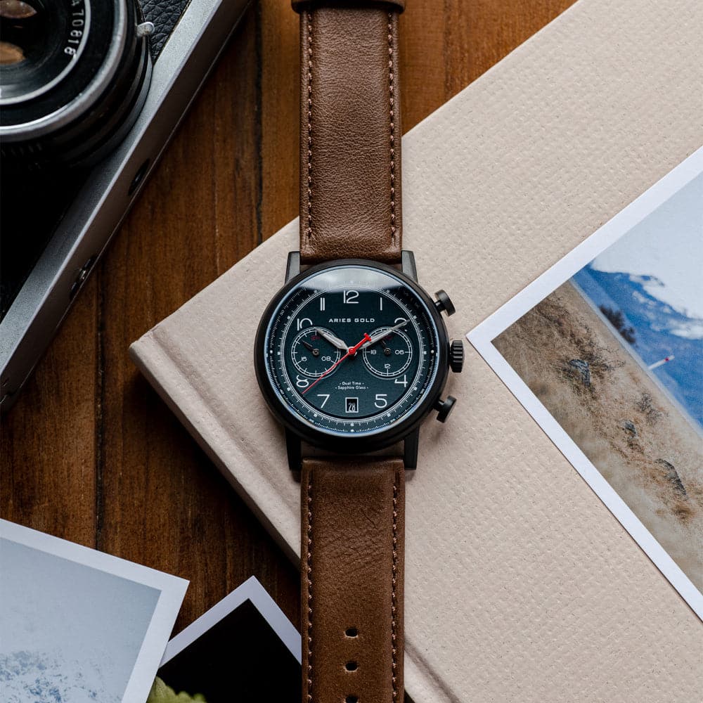 ARIES GOLD URBAN JOURNEY Men's Watch - Black Stainless Steel Case (G 1025 BK) with Genuine Brown Leather Strap | Water Resistant, Date Display | Perfect for Business, Casual Wear & Gift Giving