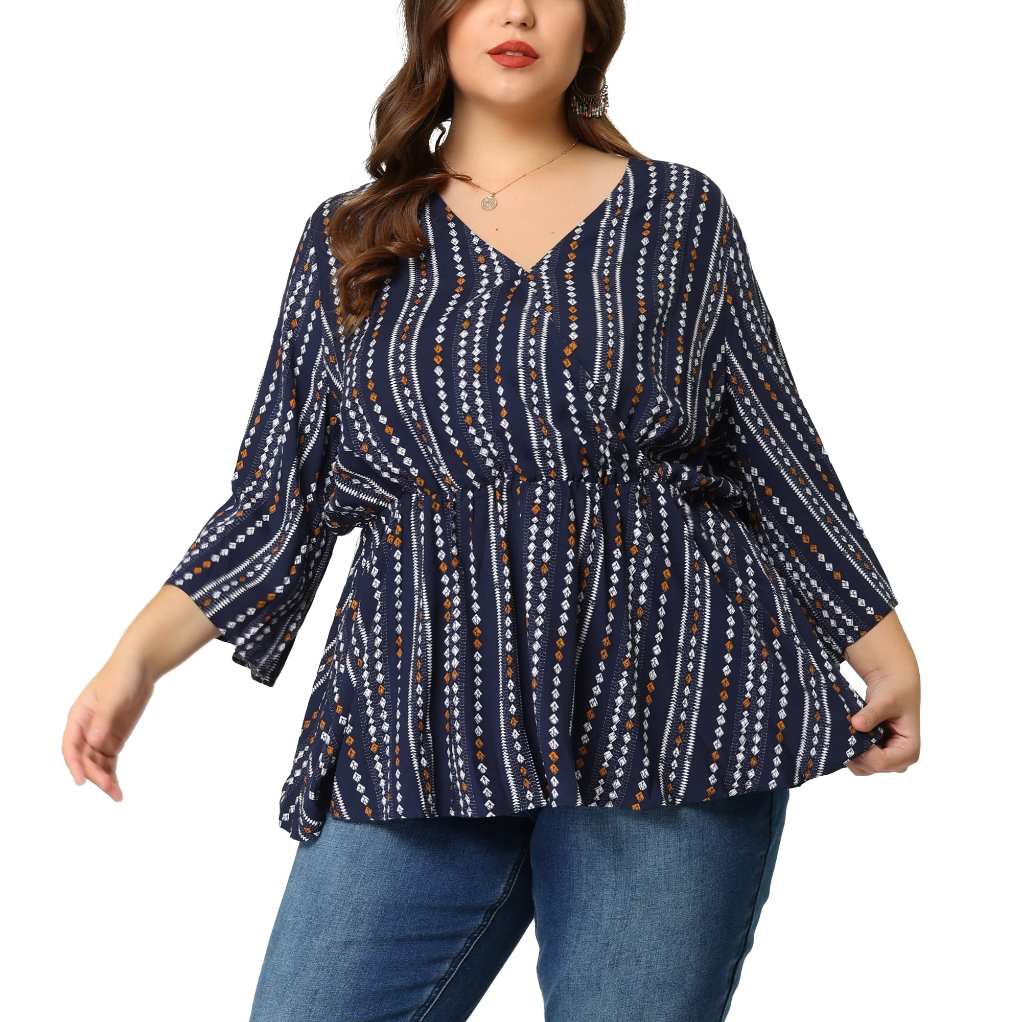 Agnes Orinda Plus Size Women's Boho V-Neck Striped Peplum Blouse - Stylish Work & Casual Tops for Curvy Women 2024 | Perfect for Office, Date Night & Weekend Outfits