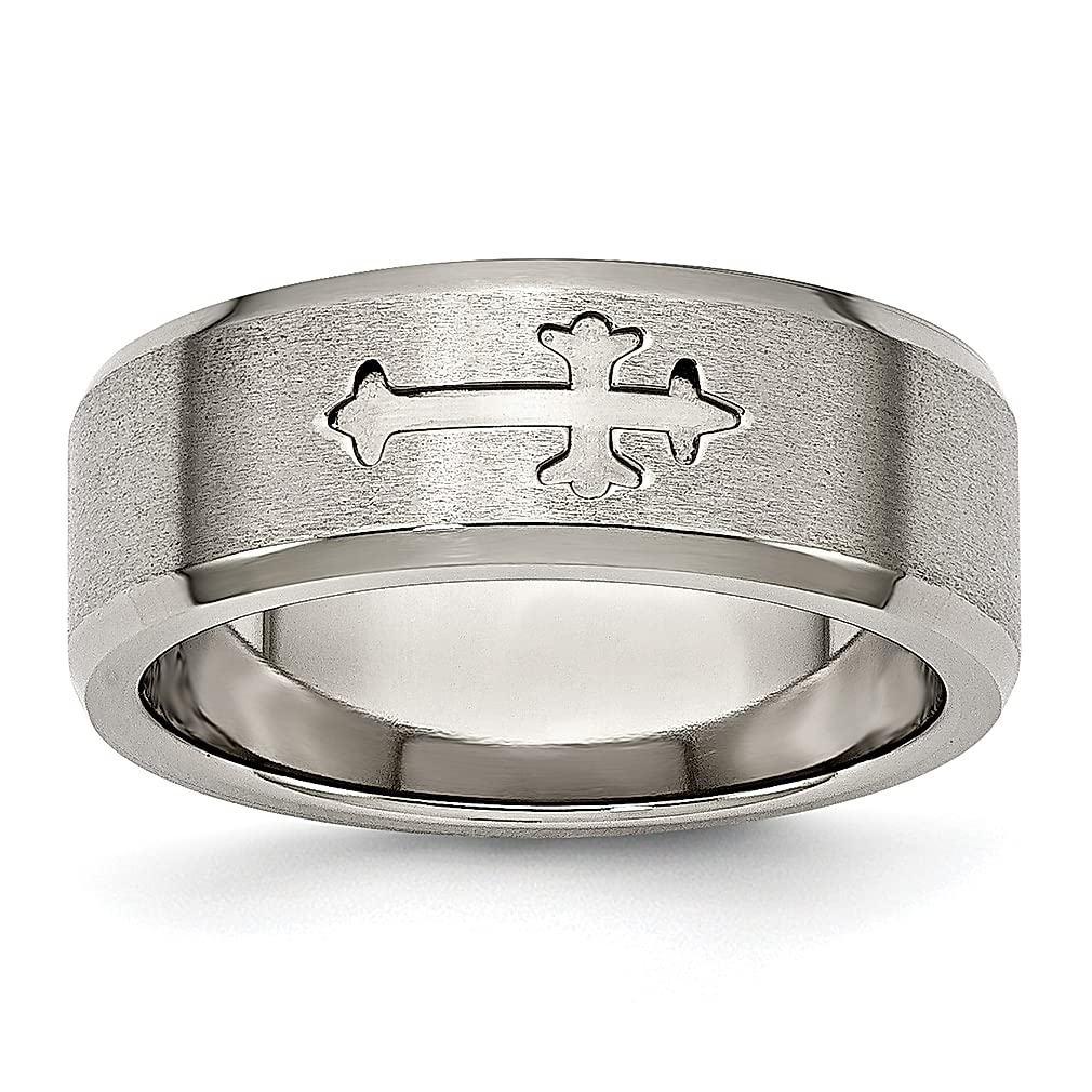 ICE CARATS Titanium Brushed Center Cross Religious Wedding Band - 8mm Beveled Edge Ring for Women - Elegant Fashion Jewelry Gift for Her - Perfect for Weddings, Anniversaries & Religious Occasions