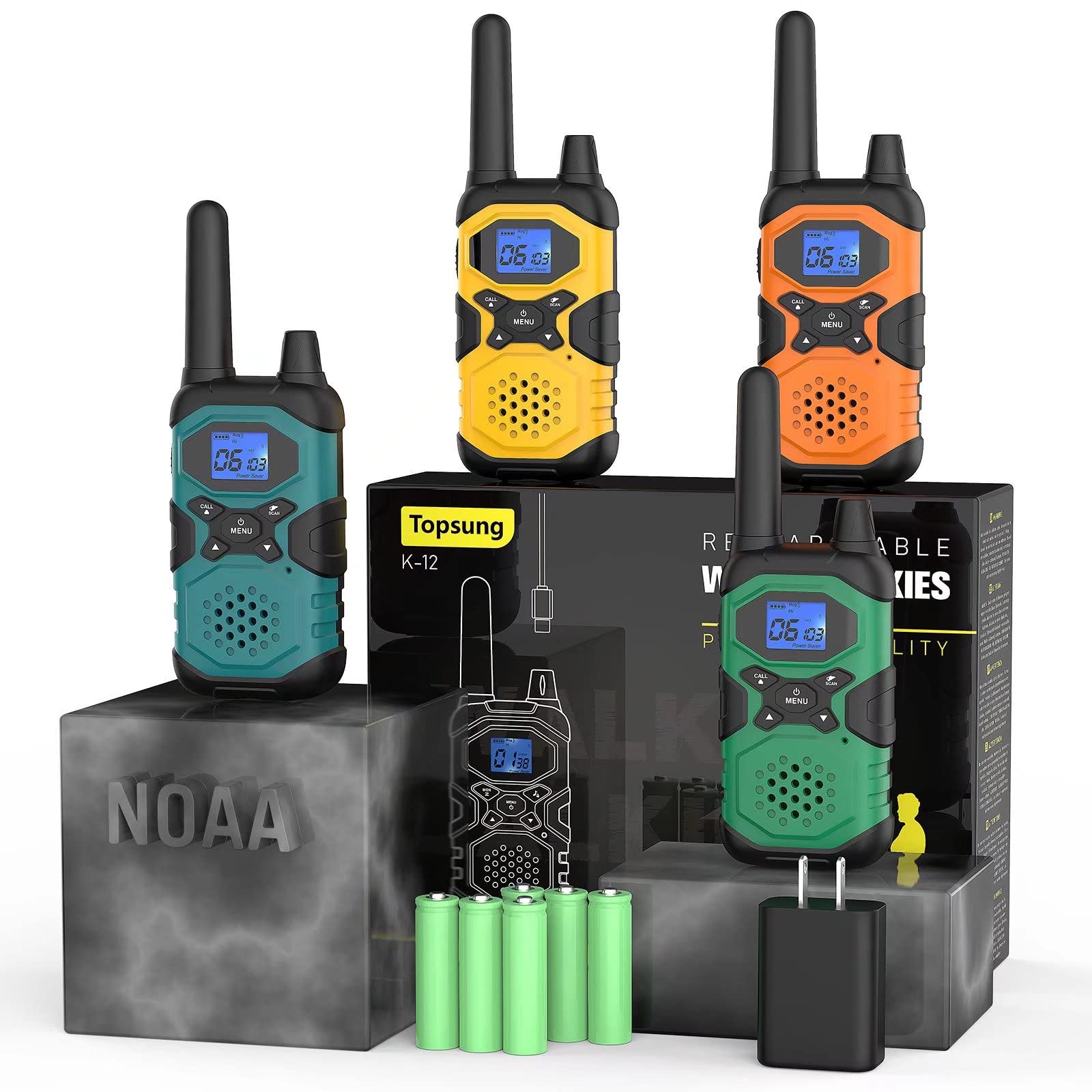 Long Range Rechargeable Two Way Radios for Adults - 4 Pack Walkie Talkies with NOAA Weather Alert, 4500mAh Battery & Earpiece - Perfect for Family Communication, Senior Care, Outdoor Adventures, Camping, Hiking and Cruise Trips