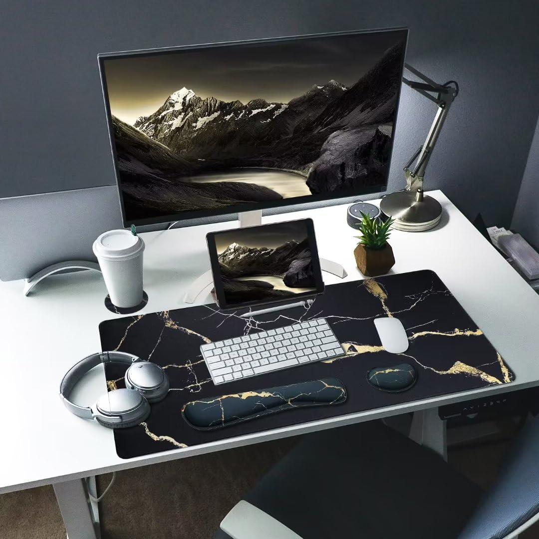 Bloss Ergonomic Mouse Pad and Keyboard Wrist Rest Set (4 Pcs) - Non-Slip Desk Mat Protector, Extra Large Gaming Mousepad (31.5×15.7 Inches) - Black Marble Design for Office, Home & Gaming Workstations - Perfect for Typing, Coding & Long Computer Sessions
