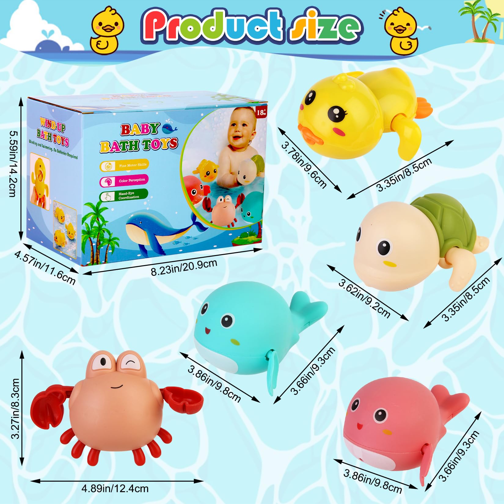 5-Piece Wind Up Baby Bath Toys Set - Floating Dolphins, Crabs, Turtles & Ducks for Toddlers | Fun Bathtub & Pool Toys for Boys & Girls | Perfect for Bath Time, Swimming & Sensory Play