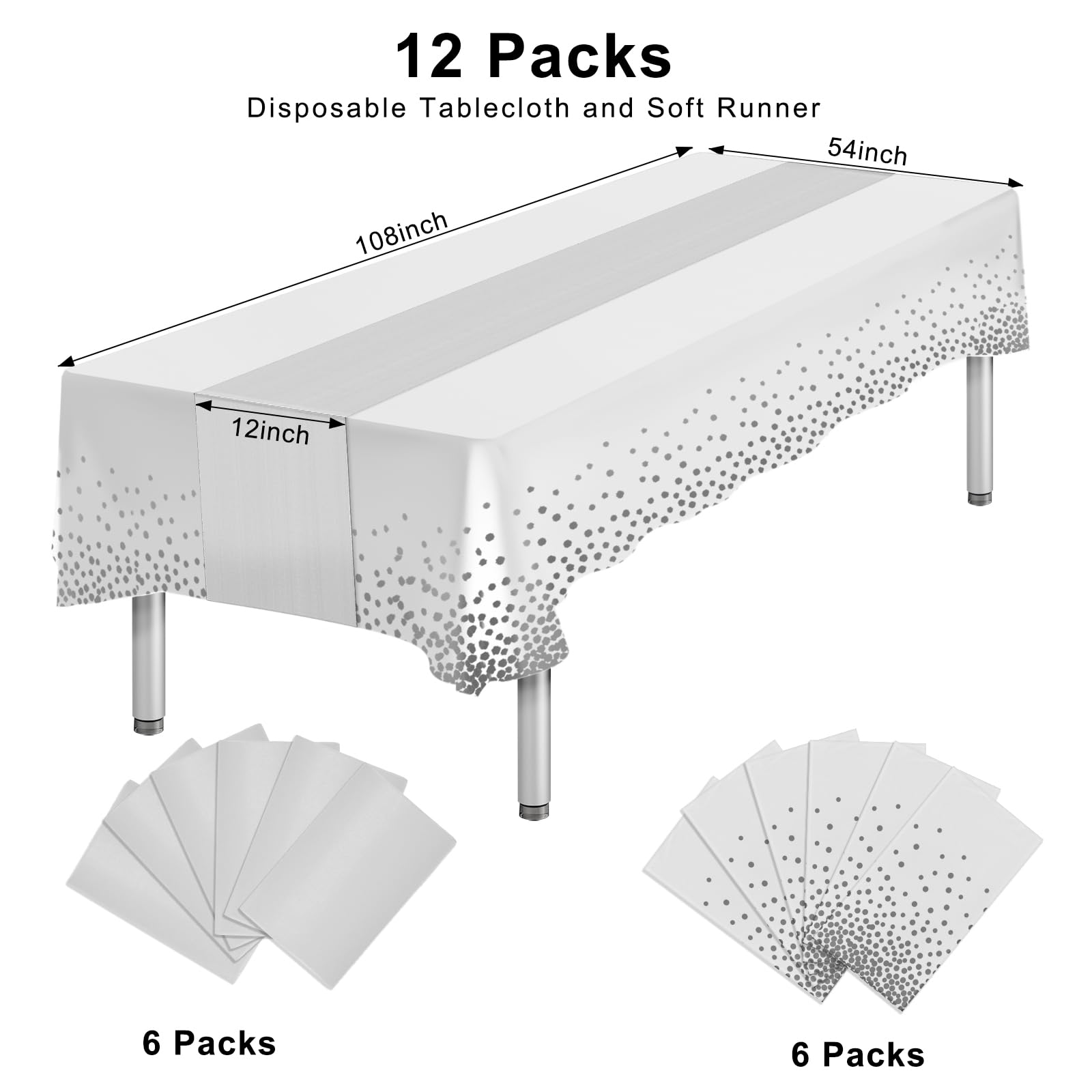 12-Pack Disposable White Tablecloths & Satin Table Runners - Rectangle Party Table Covers for Birthday, Wedding, Anniversary Decorations - Perfect for Banquets, Buffets, and Special Events