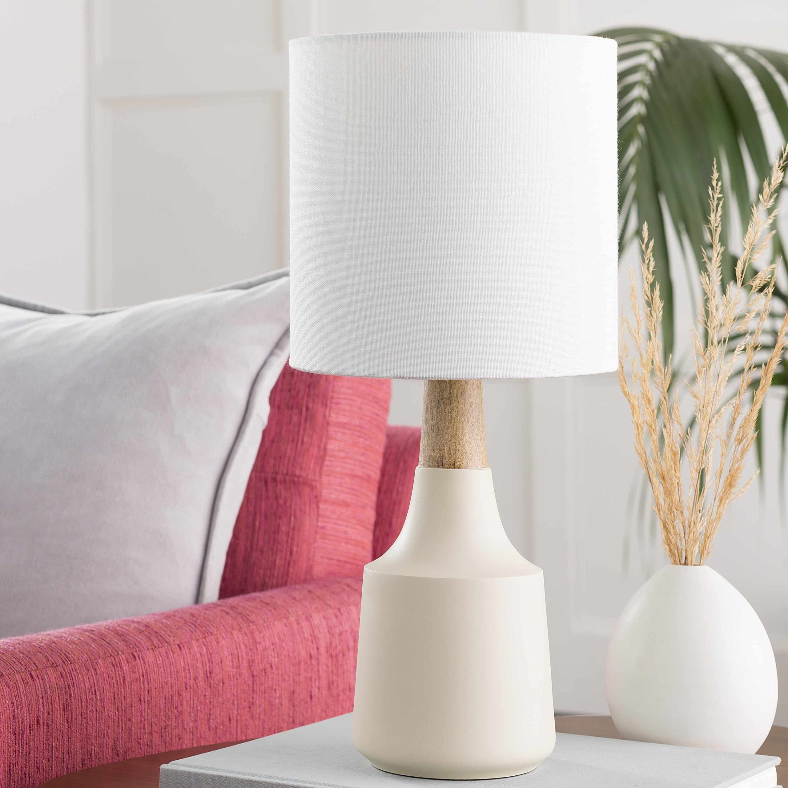 Modern Resin Bedside Table Lamp - Elegant Nightstand Lighting for Bedroom, Living Room & Office - Linen Shade in White, Beige & Cream - 17.5