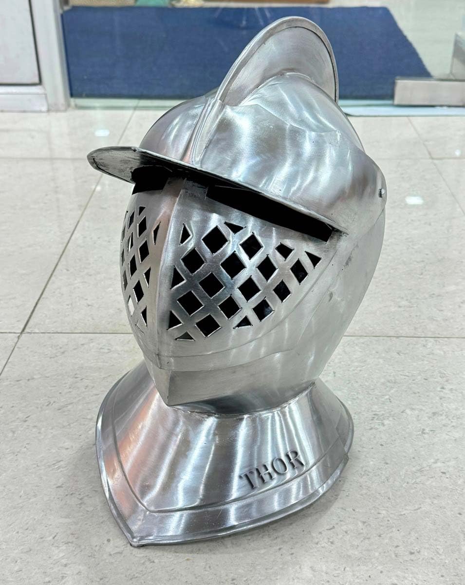 THOR INSTRUMENTS Medieval Knight Helmet - Silver Crusader Battle Armor Close Helmet for LARP, Cosplay & Historical Reenactment