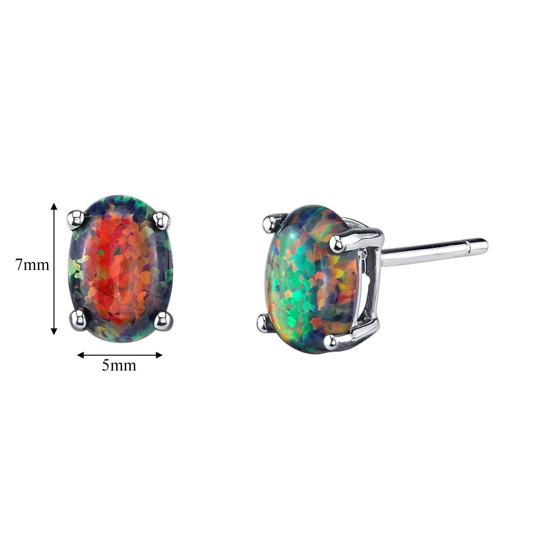 14K White Gold Black Fire Opal Stud Earrings for Women - 7x5mm Oval, 1 Carat Total, October Birthstone, Friction Back Closure | Elegant Gift for Birthday, Anniversary & Special Occasions