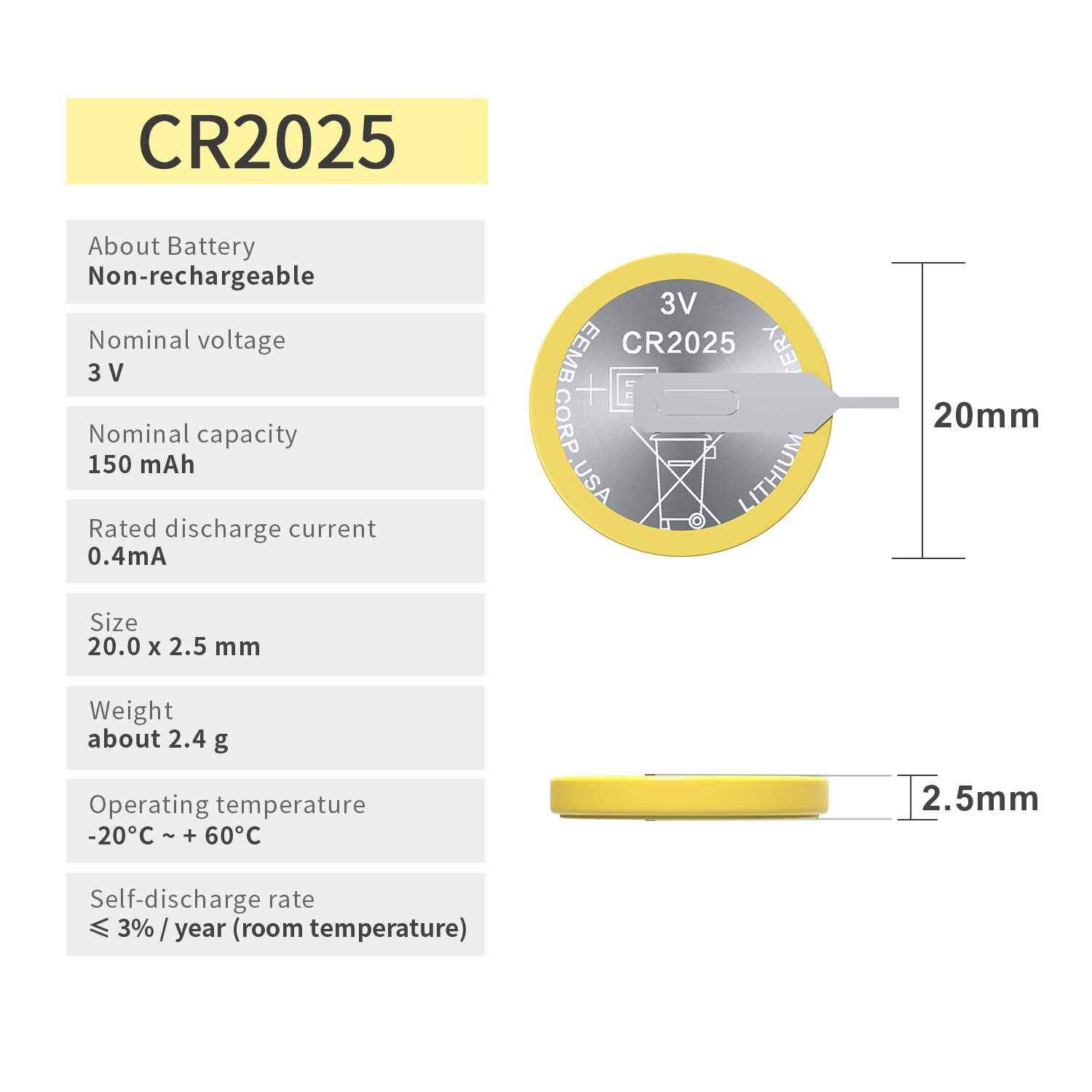EEMB 10-Pack CR2025 3V Lithium Coin Batteries with Solder Tabs - UL Certified Replacement Battery for Watches, Key Fobs, Calculators & Small Electronics