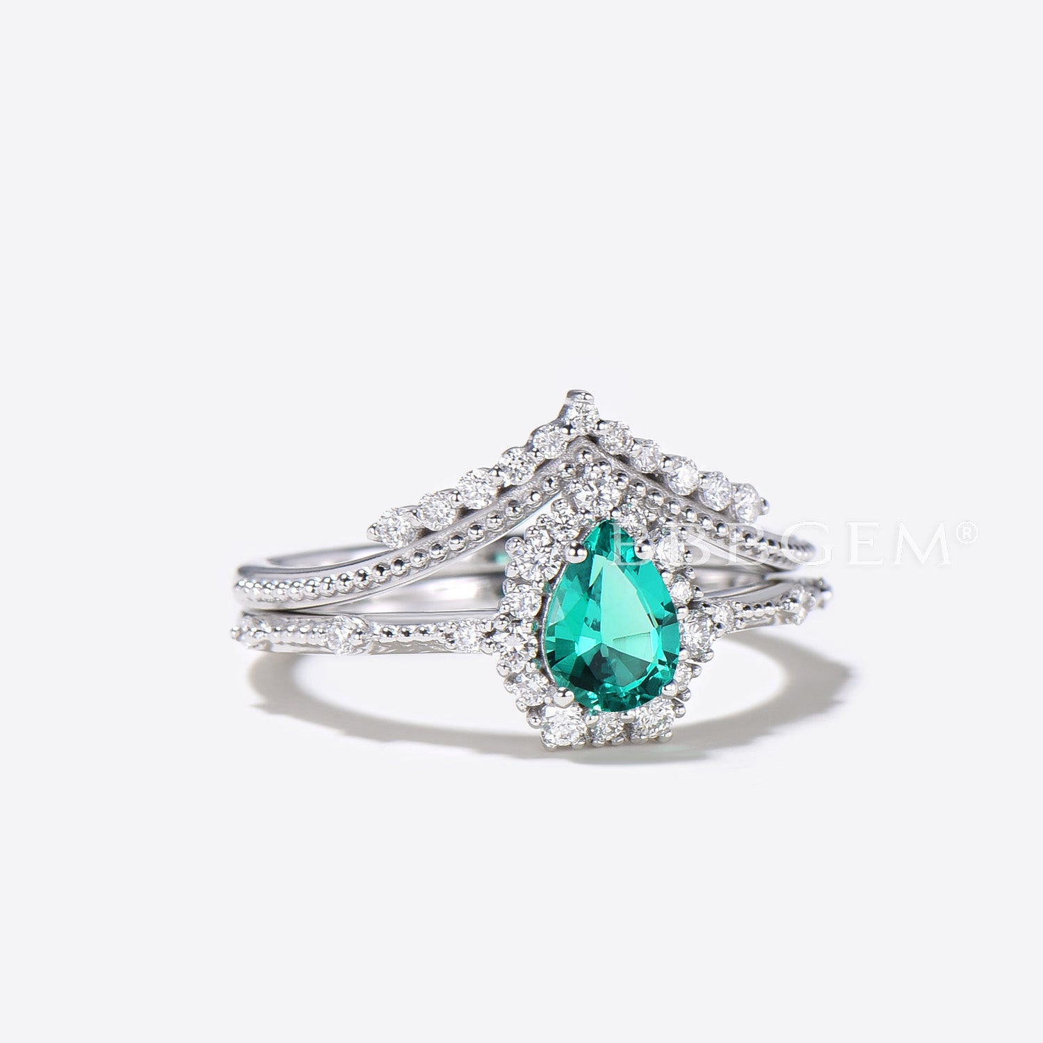 Pear Emerald Ring Set - Green Emerald Gemstone Anniversary Ring with Diamond Chevron Band - Perfect for Weddings, Engagements & Special Occasions