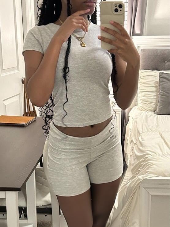 AYWA Women's 2 Piece Outfit - Summer Slim Fit Short Sleeve Top & Foldover Shorts Lounge Set | Casual Wear, Yoga, Beach, Vacation, Home Comfort Outfits