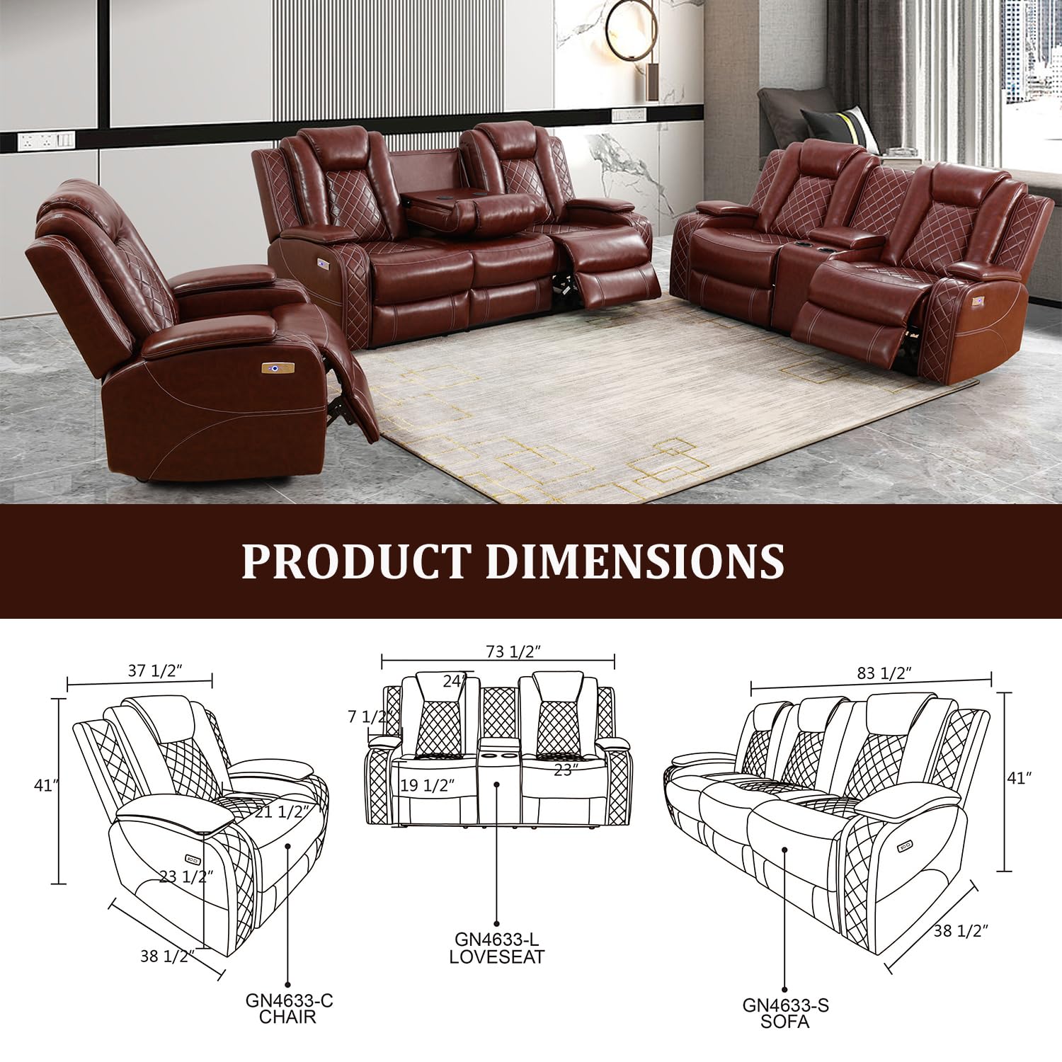 Power Reclining Sofa Set with USB Ports - Genuine Leather Recliner Couches for Living Room, Apartment, Office & Home Theater - Burgundy 3-Piece Set (Sofa + Loveseat) - Perfect for Movie Nights, Family Gatherings & Relaxing After Work