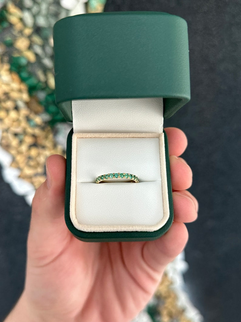 0.90tcw Medium Dark Green Round Cut Emerald Half Eternity Band in 14K Gold - Perfect for Engagement Rings, Anniversary Gifts & Special Occasions