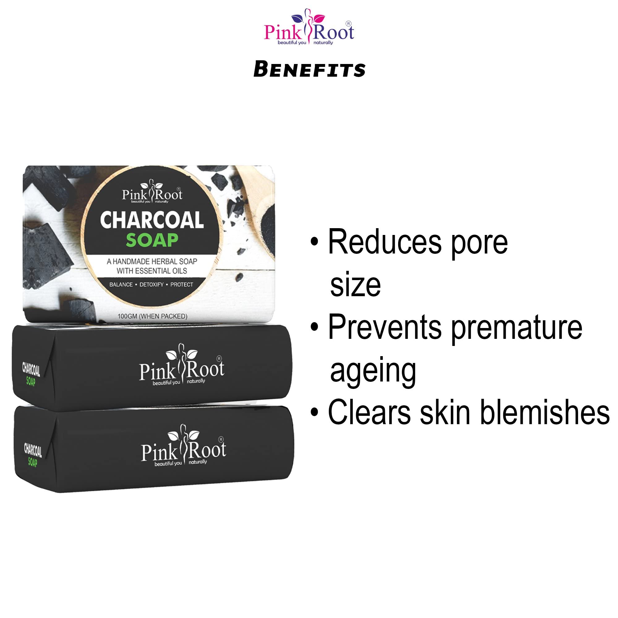 Organic Pink Root Charcoal Soap - 100g Each, Pack of 6 | Deep Cleansing & Detoxifying Face & Body Bar | Acne Treatment, Oil Control & Pore Minimizer | Natural Skincare for Sensitive Skin | Perfect for Daily Use, Travel & Gym