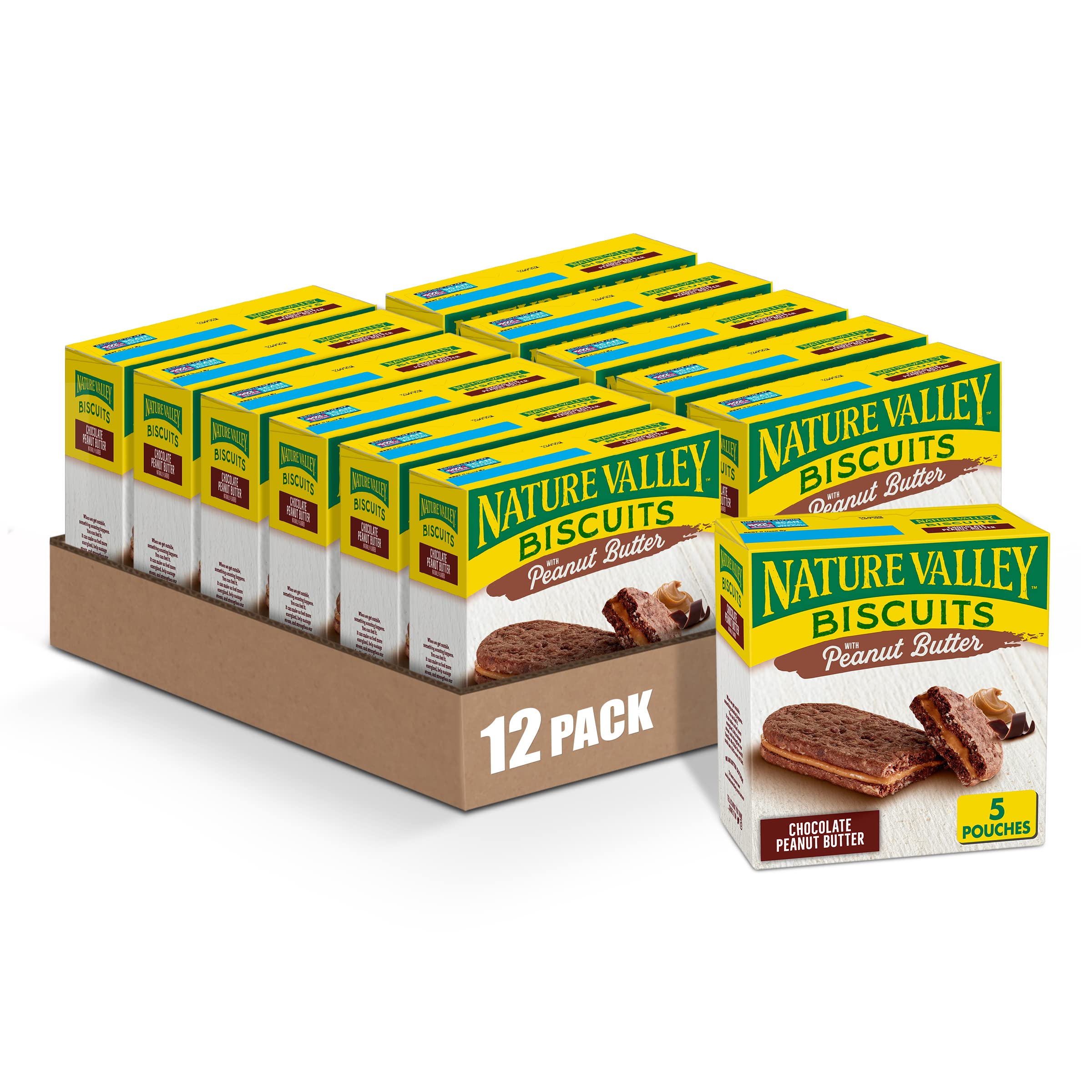 Nature Valley Biscuit Sandwiches - Chocolate Peanut Butter Snack Bars, 5 Count (6.75 oz) - Pack of 12 | Healthy On-The-Go Breakfast & Energy Boost for Hiking, Office & School Lunch