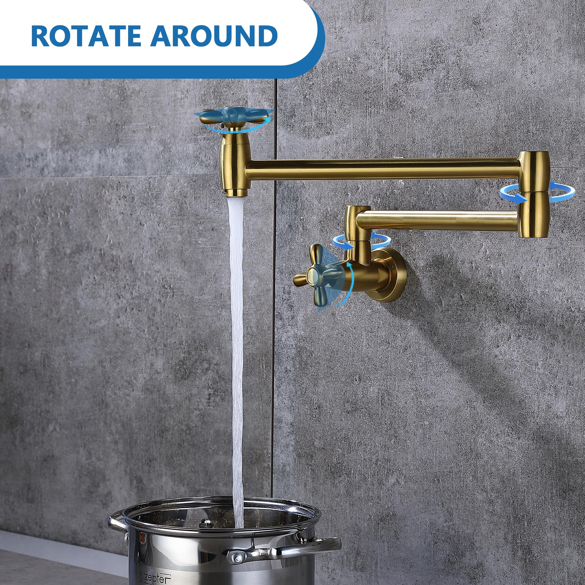 Brushed Gold Wall Mounted Pot Filler Faucet with Swing Arm - Brass Stove Faucet with Extendable Arm & Dual Cross Handles - Perfect for Kitchen Sink, Cooking Area, and Behind Stove Installation