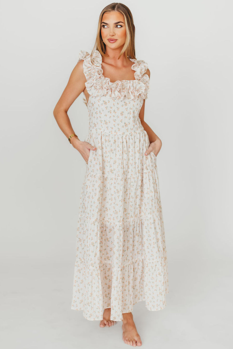 Margot Maxi Dress in Peach Floral - Elegant Summer Flowy Dress for Women | Perfect for Beach Vacations, Weddings & Date Nights