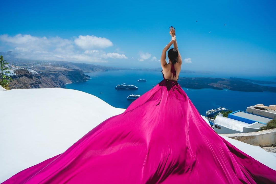 Elegant Halter Neck Long Flying Dress for Photoshoot - Flowy Satin Maxi Dress with Train for Santorini Vacation, Beach Wedding & Boho Style Photography