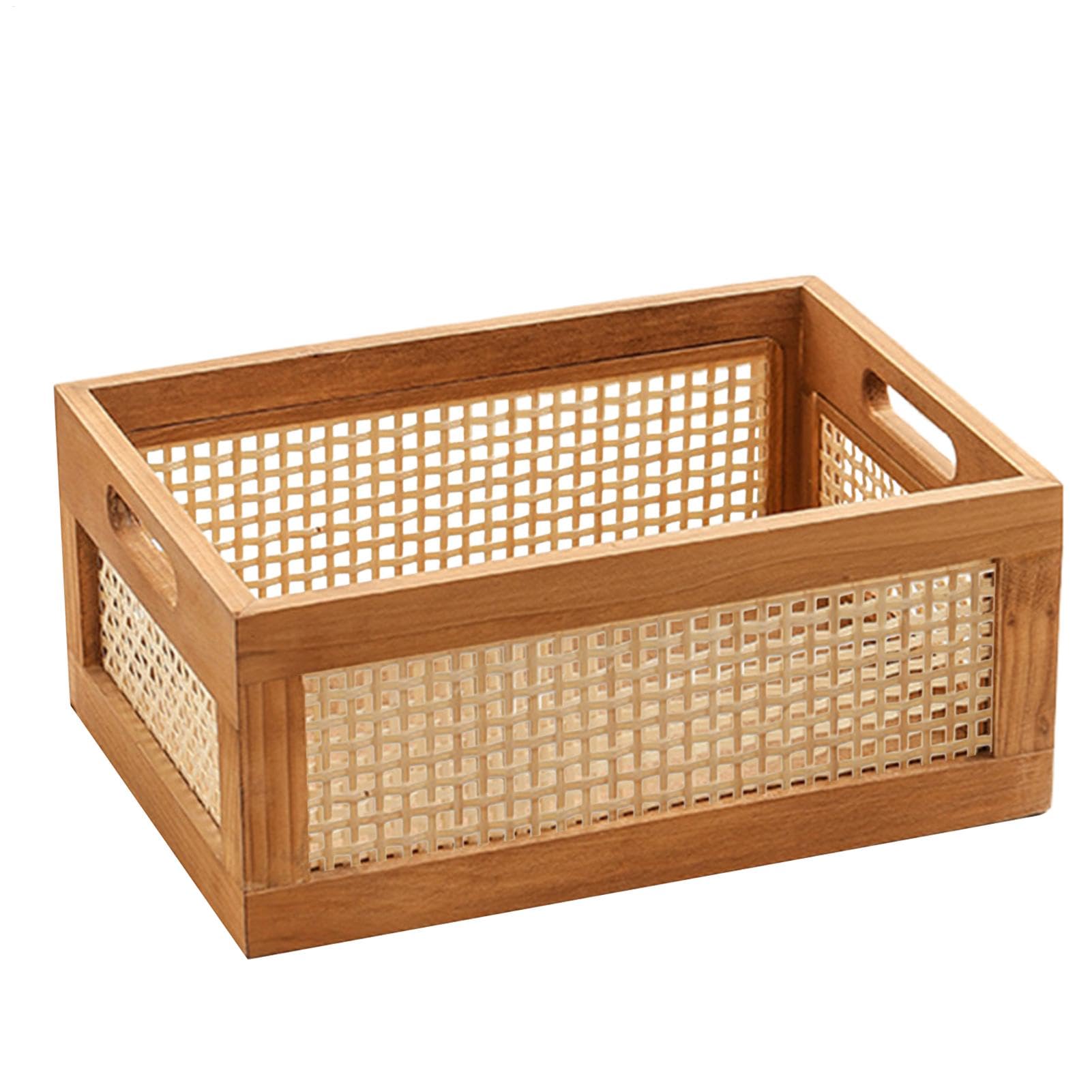 Large Storage Woven Baskets - 12x8x6 Inches Wooden Cloth Basket Organizer with Carry Handles | Stylish Countertop Storage for Home, Office, Kitchen & Bathroom | Perfect for Organizing Towels, Toys, Magazines & Decor Items