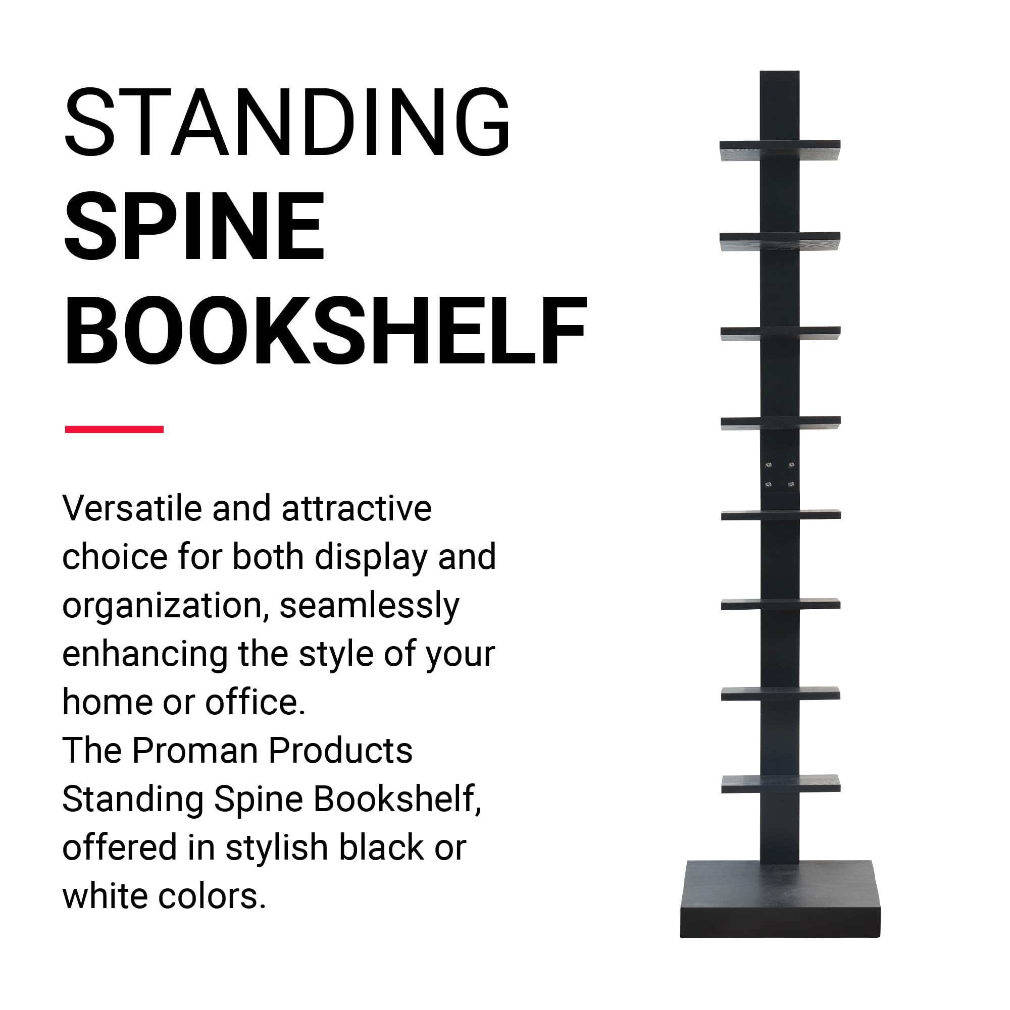 Proman Products 8-Tier Standing Bookshelf for Small Spaces - Compact Spine Shelf Organizer for Books, Decor & Storage - Perfect for Apartments, Dorms & Home Offices (Black)