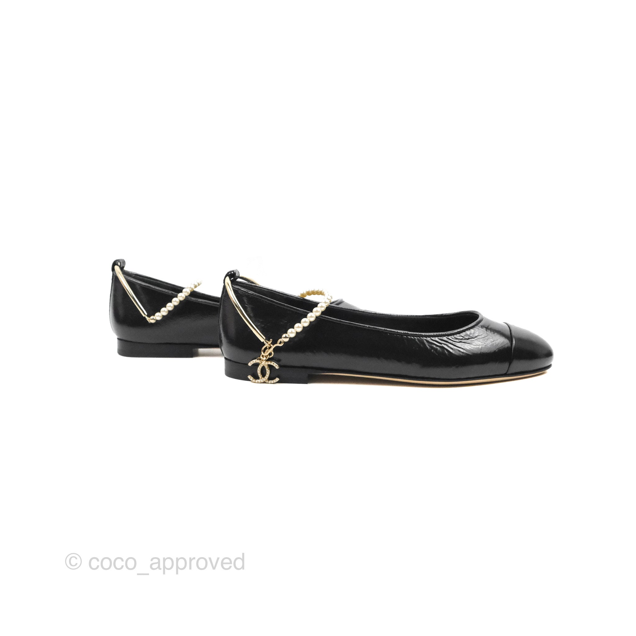 Chanel Black Lambskin Pearl Ankle Flat Ballerina Shoes Size 37 - Elegant & Comfortable for Women's Casual Wear, Office, and Special Occasions