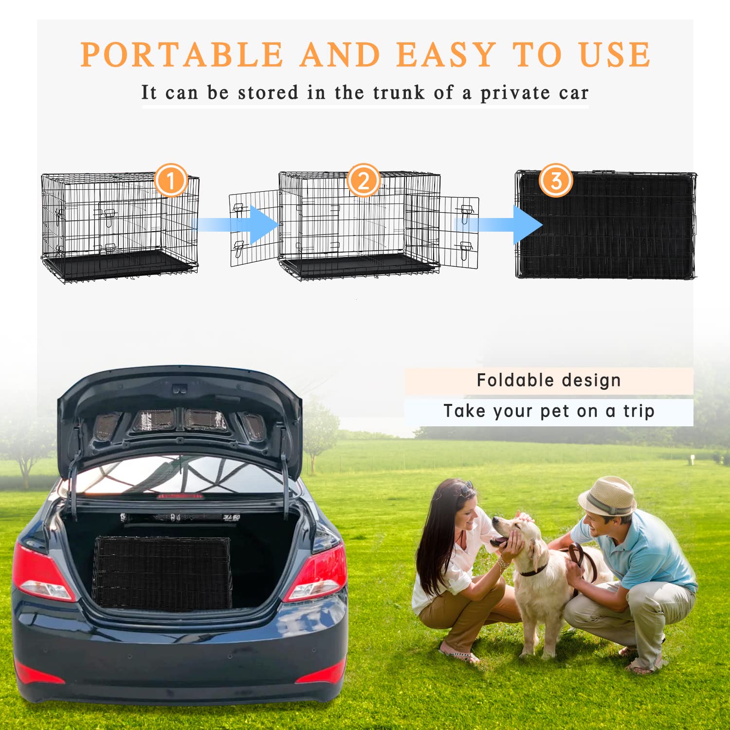 48-Inch Double Door Folding Metal Dog Crate with Divider & Leak-Proof Tray - Heavy Duty Pet Cage for Medium to Large Breed Dogs - Perfect for Home, Travel & Training Use