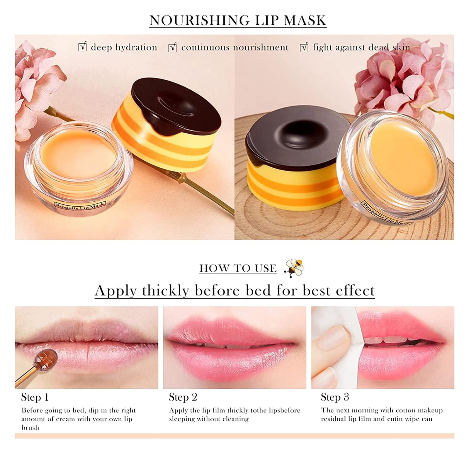 Honey Lip Mask for Dry Lips - Propolis Moisturizing Lip Balm for Night Care & Hydration