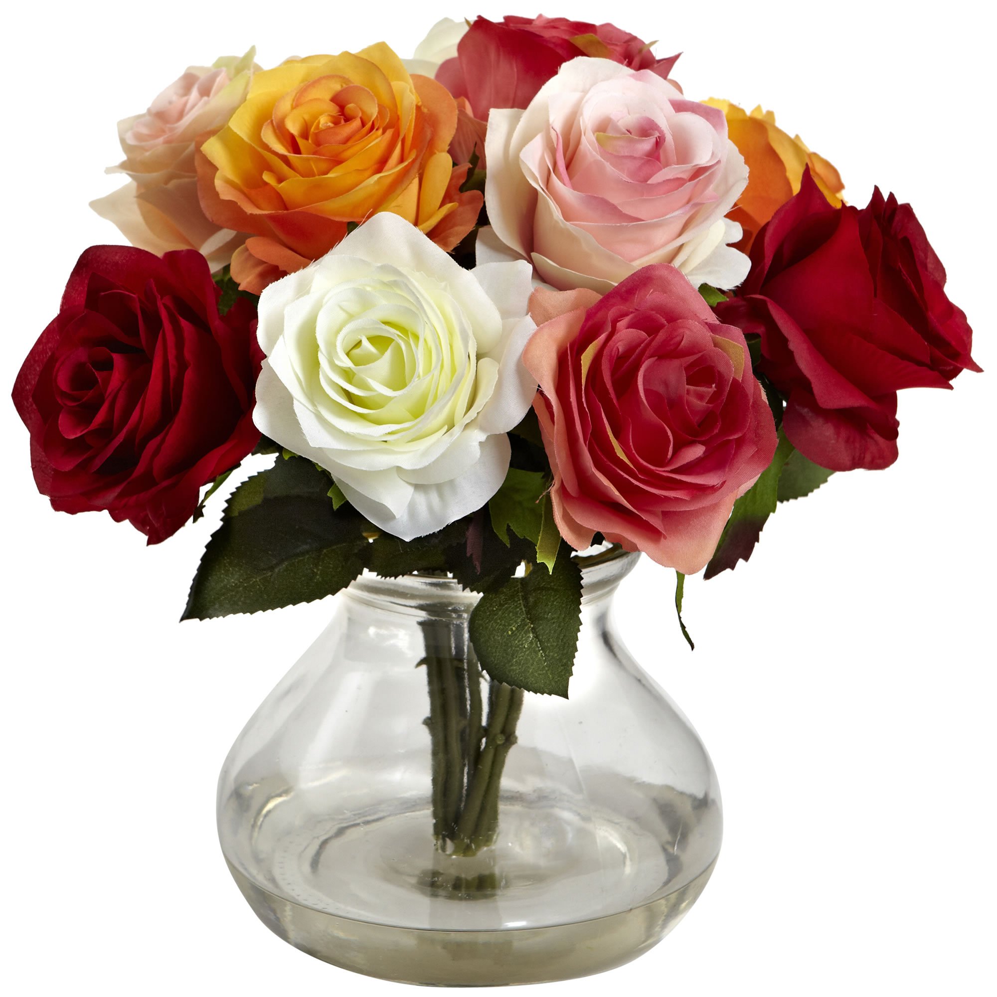 Nearly Natural Rose Arrangement with Vase - Artificial Silk Roses in Decorative Vase for Home Decor, Wedding Centerpiece, Office Desk Decor