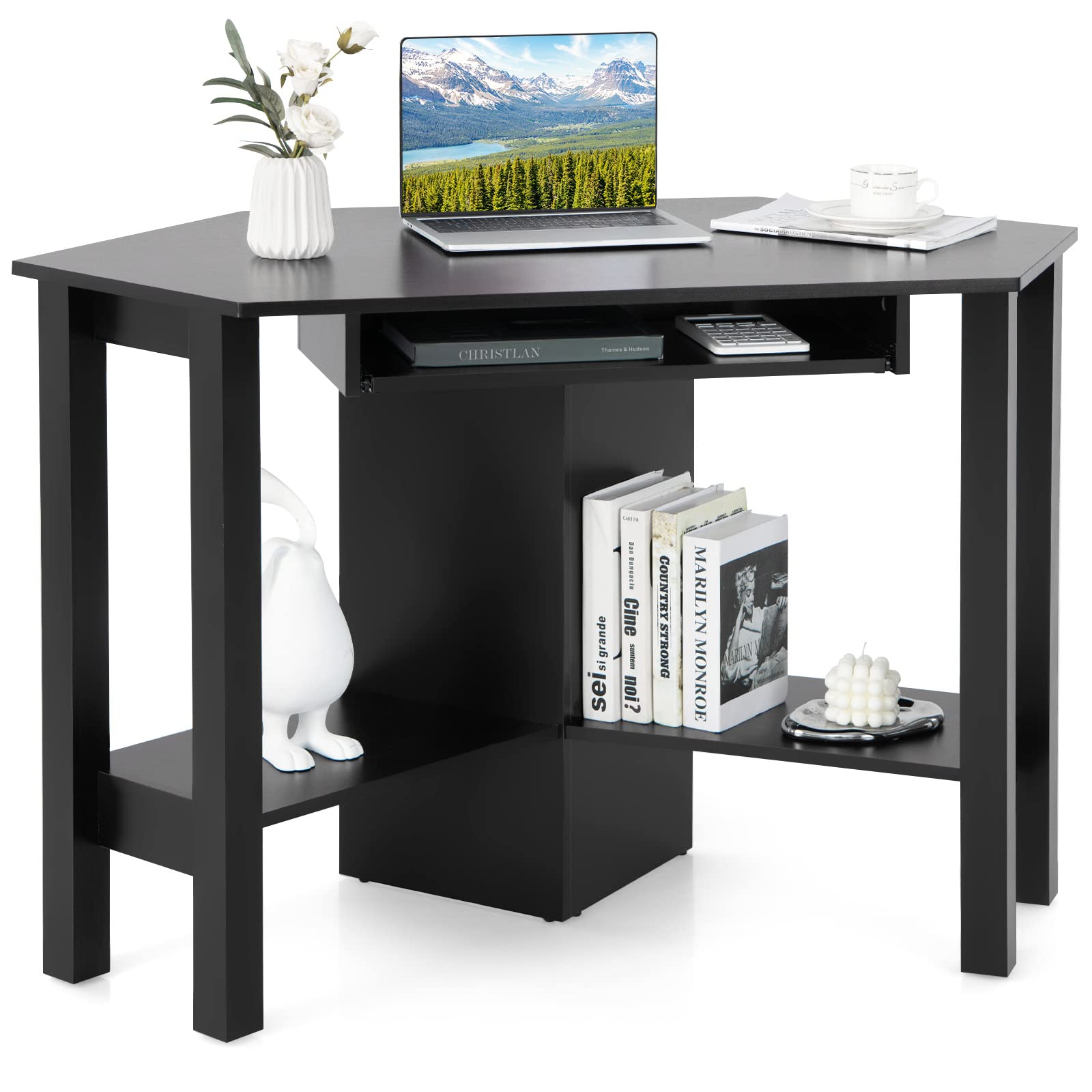 Tangkula Small Corner Desk with Keyboard Tray - Triangle Computer Desk for Bedroom, Home Office & Small Spaces - Space Saving Writing Desk with Storage Shelves - Perfect for Work, Study & Makeup Vanity
