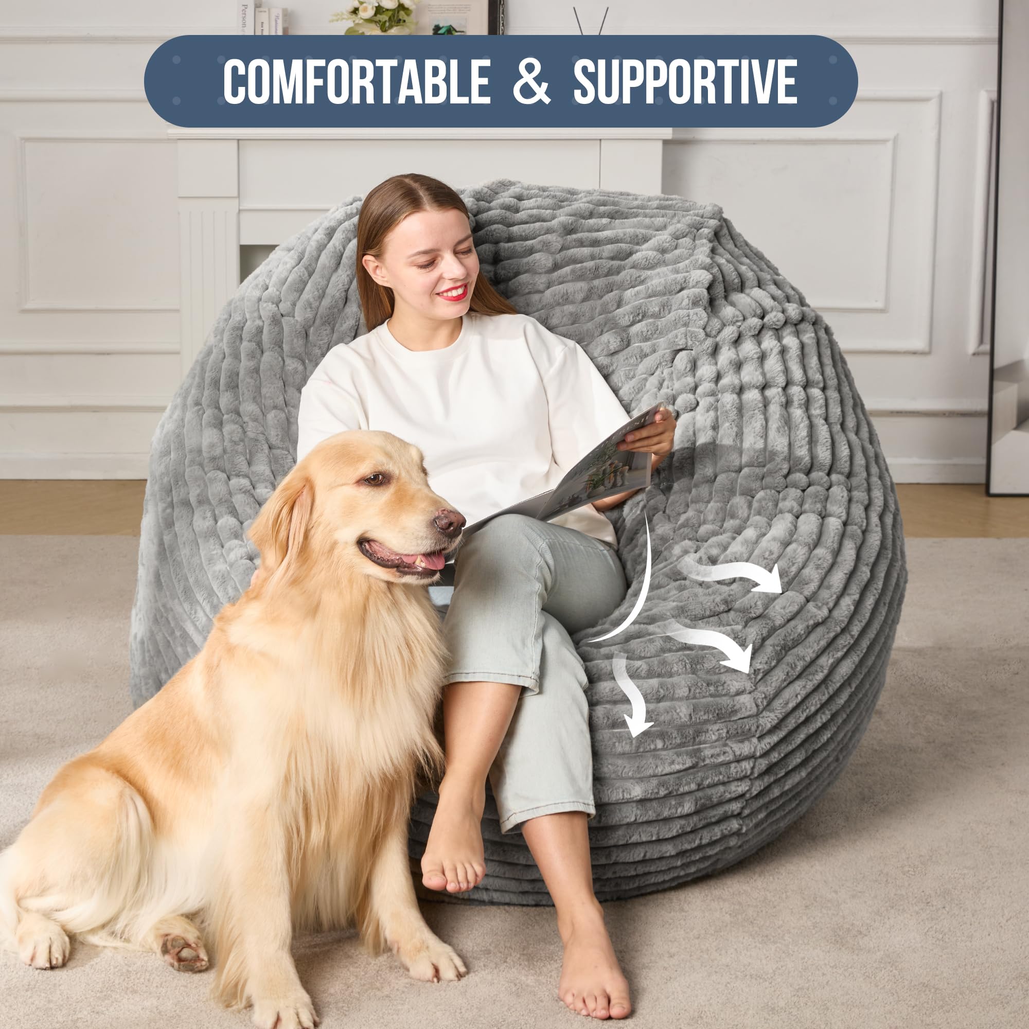 Hobestluk 5ft Large Bean Bag Chair for Adults - Soft Plush Stripe Cover, Oversized Lounger for Living Room, Bedroom, Dorm & Office - Grey (50