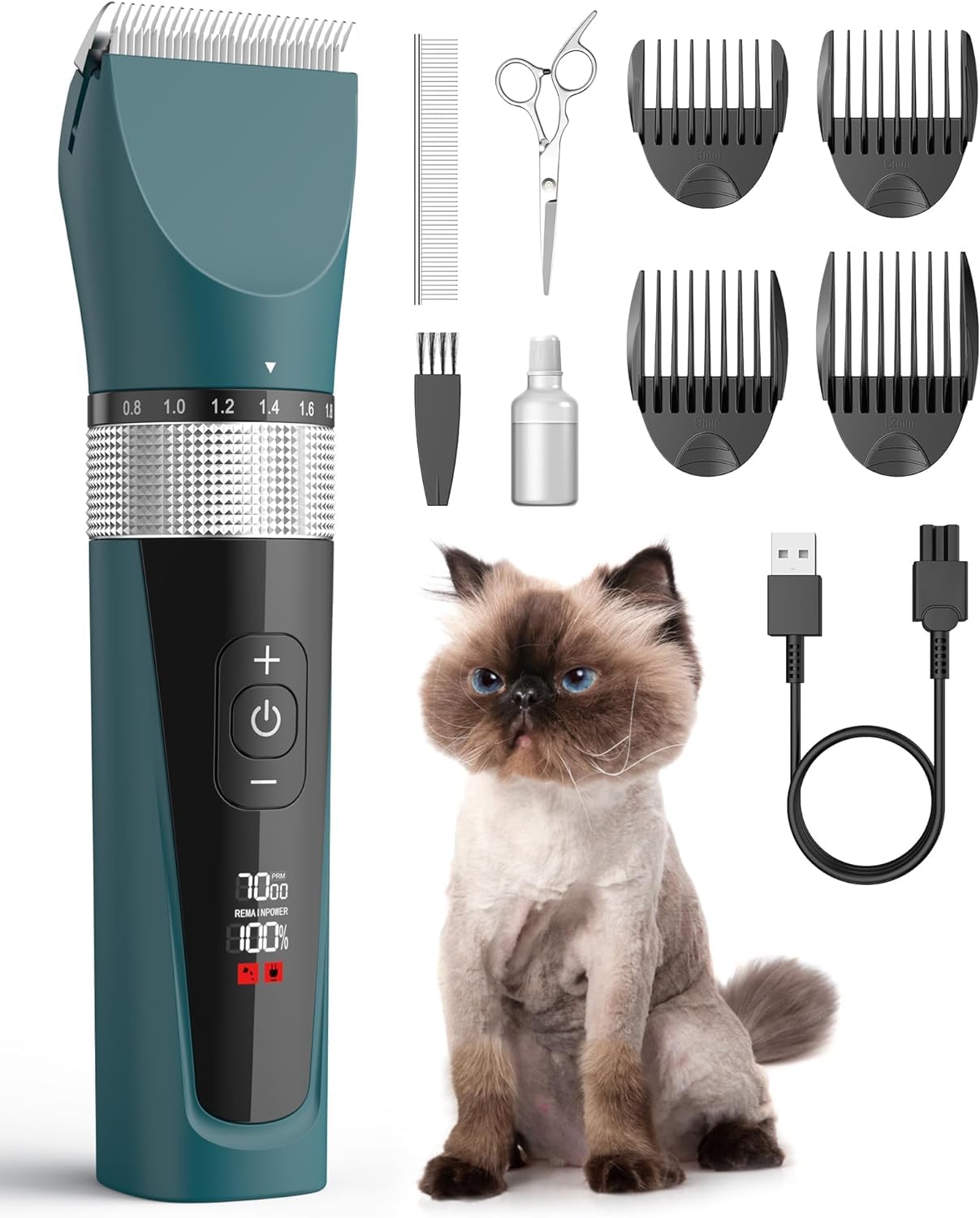 Oneisall 5-Speed Quiet Cordless Cat Clippers for Matted & Long Hair - Waterproof Pet Grooming Kit with Low Noise Design - Perfect for Home Grooming, Professional Pet Salons & Anxious Cats (Green)